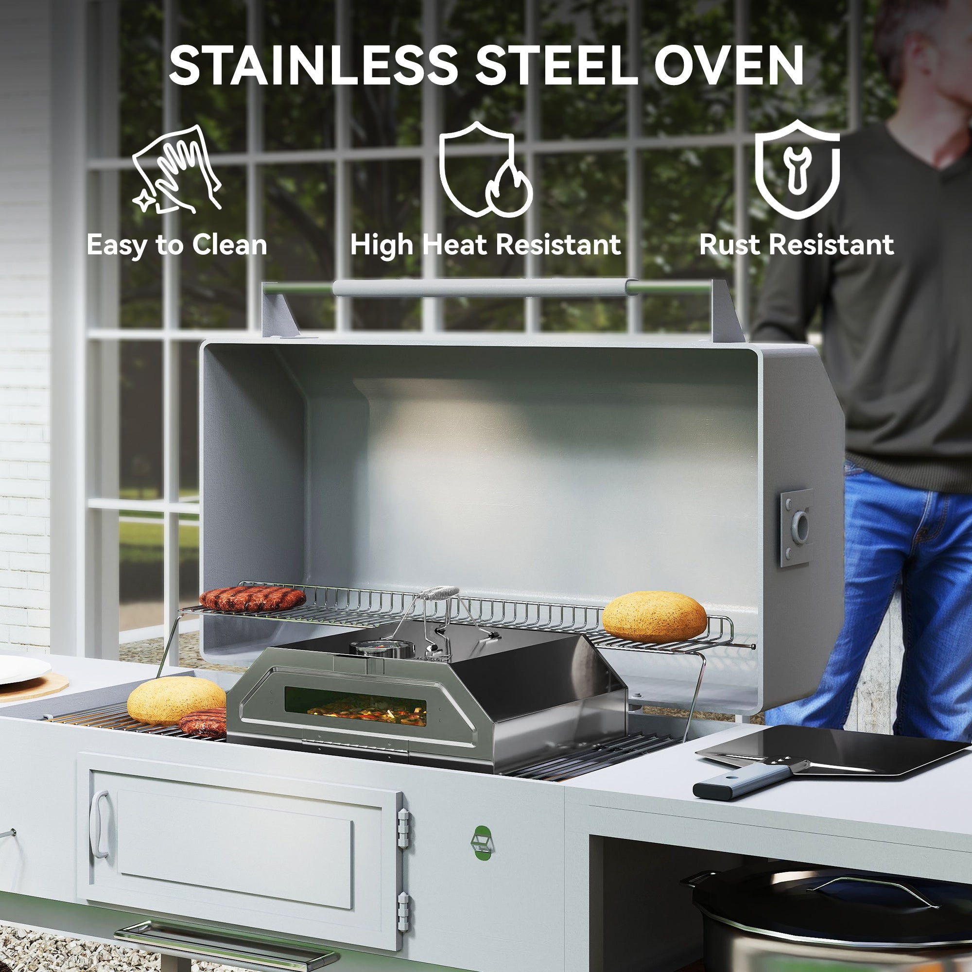 Outsunny 8 in Portable Stainless Steel BBQ Grill Top Pizza Oven with Built-in Thermometer and Viewing Window for Gas and Charcoal BBQ Grills, Includes Carry Handles, Pizza Stone and Peel, Silver Tone - North Peak Garden Furniture