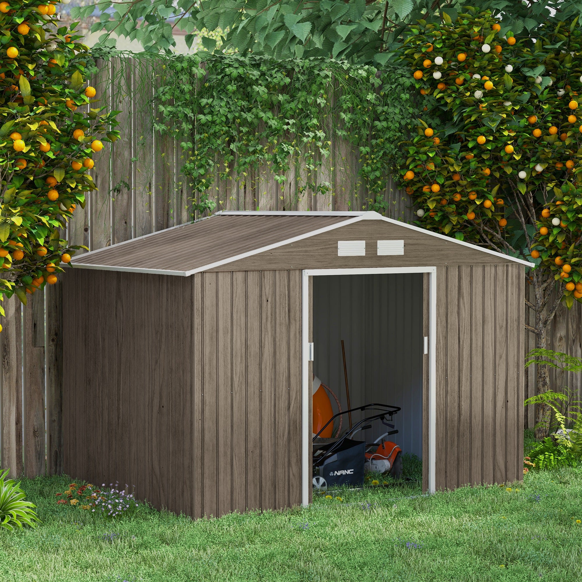 Outsunny 9 x 6ft Garden Metal Storage Shed, Outdoor Storage Tool House with Vents, Foundation and Lockable Double Doors, Brown - North Peak Garden Furniture