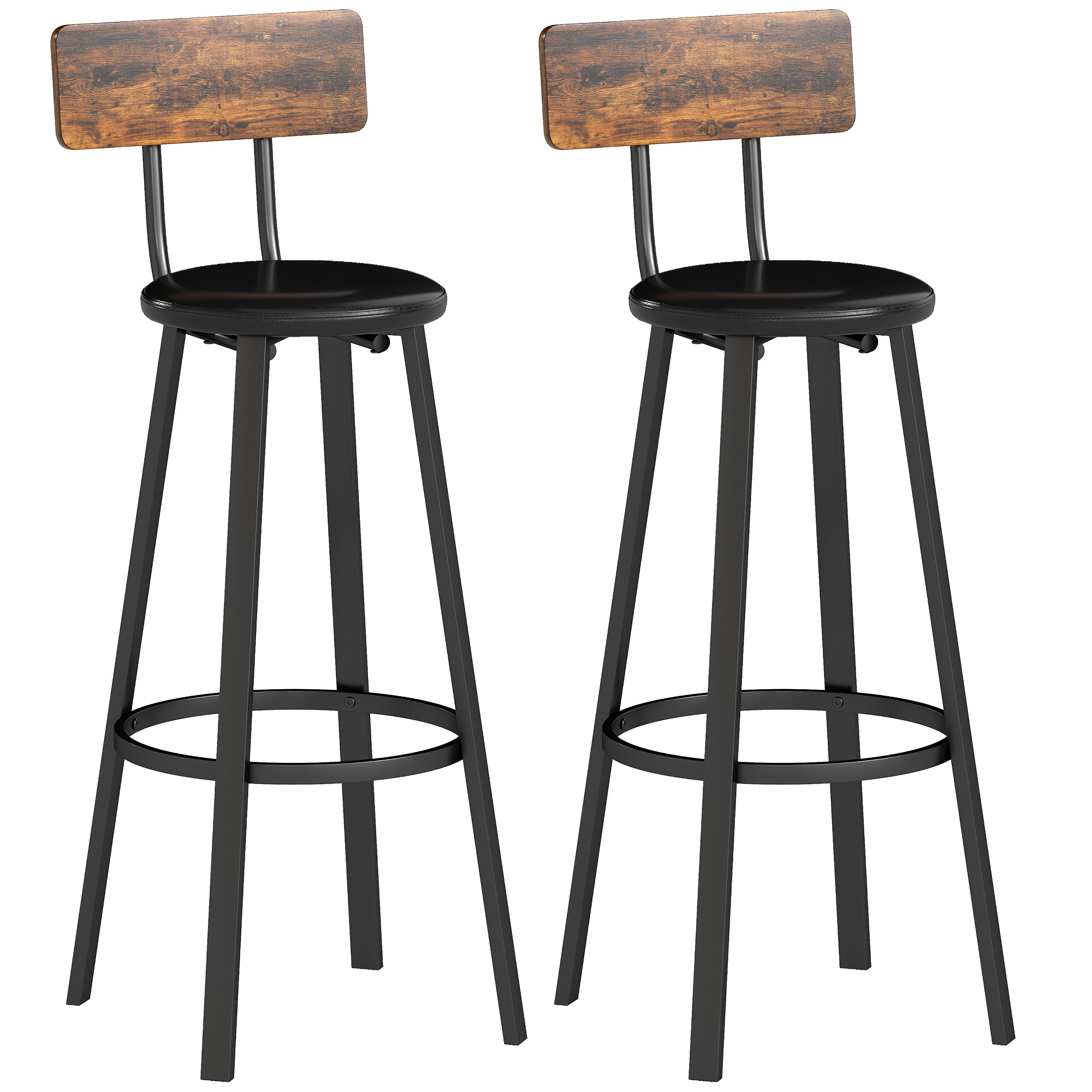 HOMCOM Upholstered Bar Stools Set of 2 with Backrest and Footrest - Rustic Brown and Black