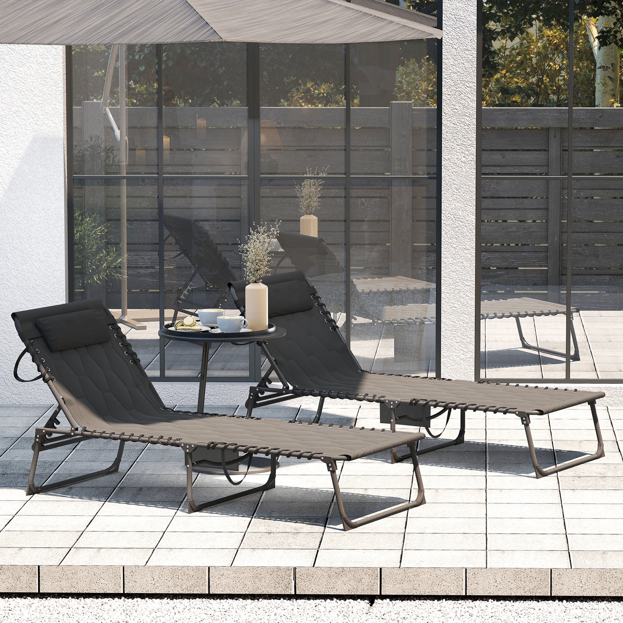 Outsunny Set of Two Sun Loungers, with Five-Position Reclining Backs - Black - North Peak Garden Furniture