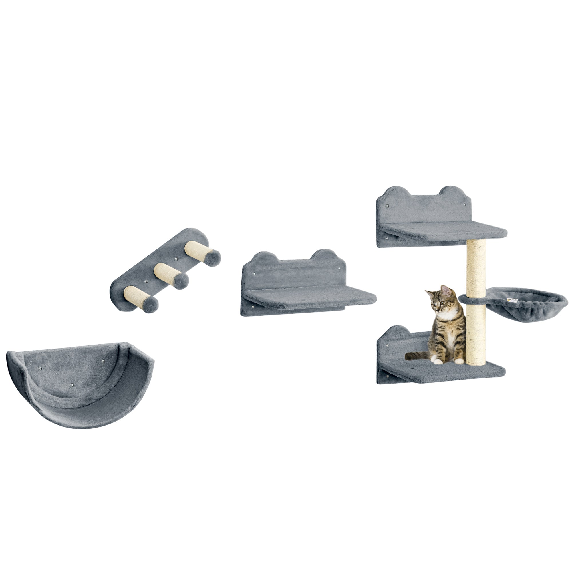 PawHut 4PCs Wall-Mounted Cat Shelves w/ Scratching Post, Hammock, Nest - Grey - North Peak Garden Furniture