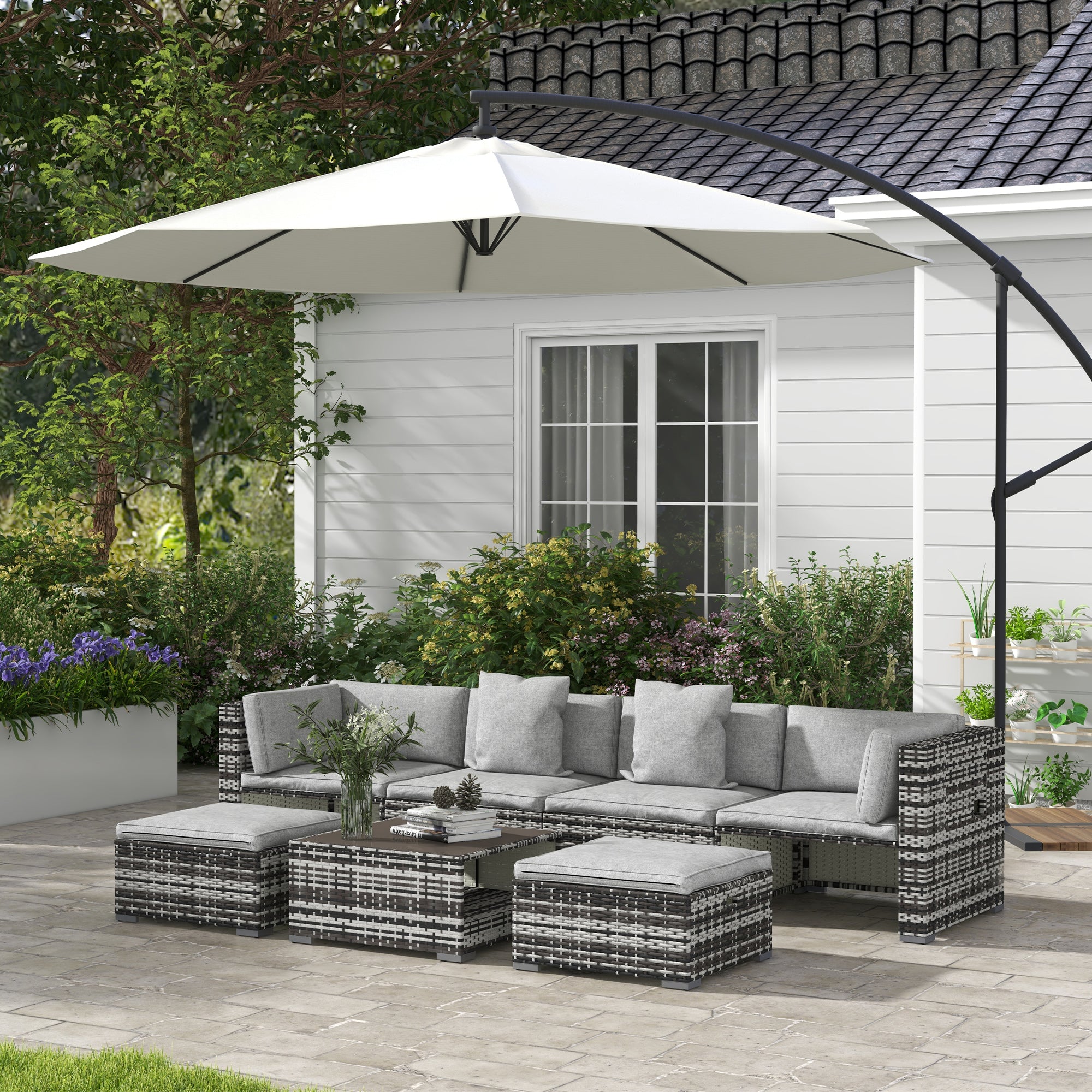 Outsunny Seven-Piece Rattan Patio Furniture Set, with Cushions - Grey - North Peak Garden Furniture