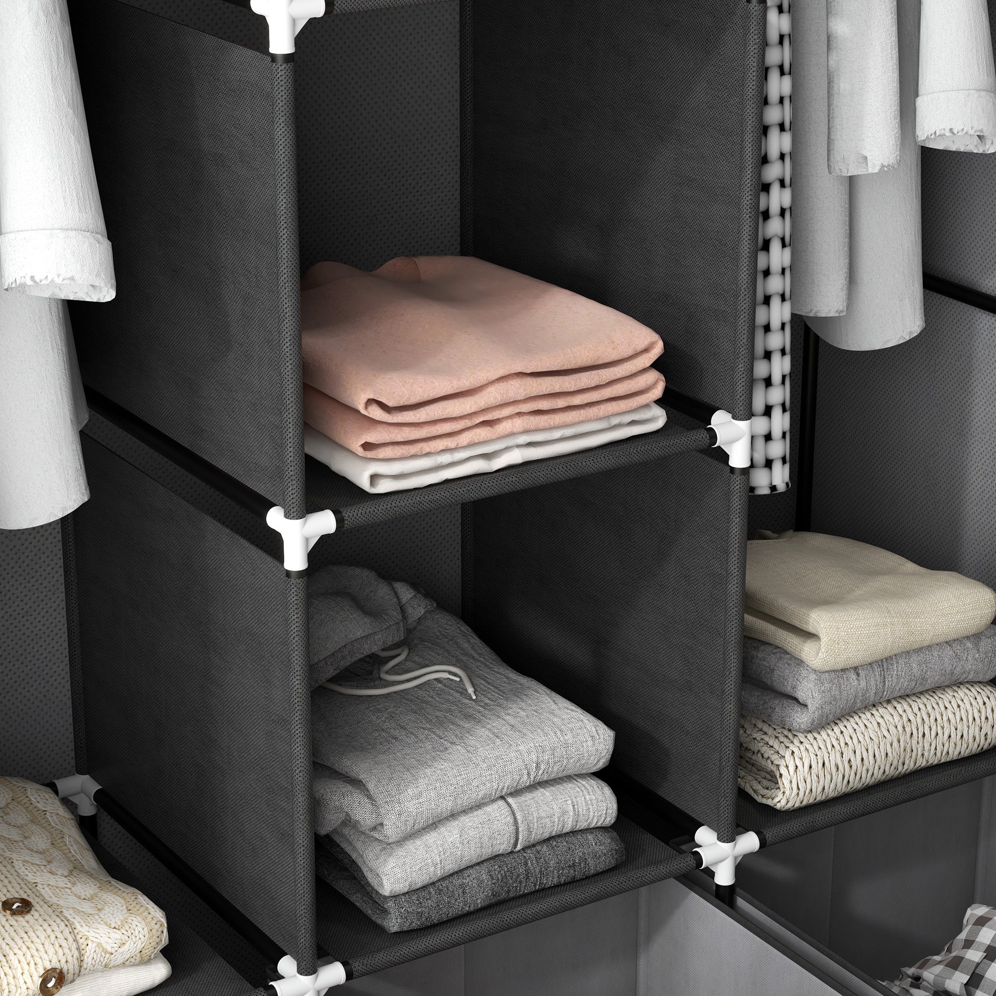 HOMCOM Fabric Wardrobe for Bedroom, Portable Wardrobe with 5 Shelves, 2 Hanging Rails and 3 Fabric Drawers, Foldable Closet, 125 x 43 x 162.5cm, Dark Grey - North Peak Garden Furniture