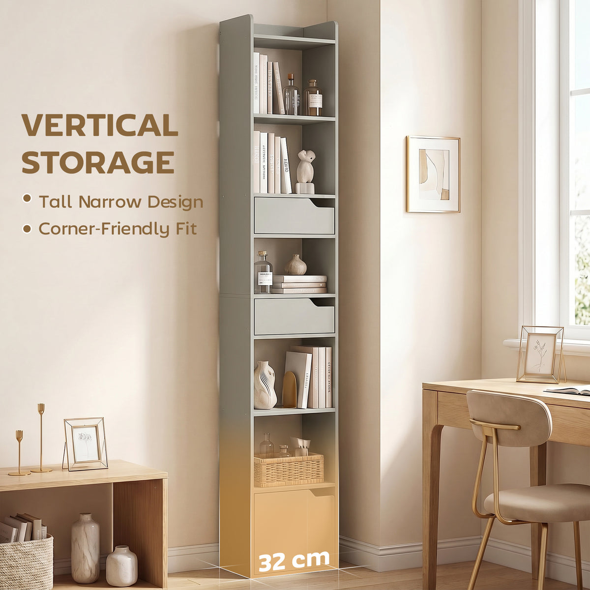 HOMCOM Bookcase Tall Narrow with 5 Tiers and Drawers Freestanding Bookshelf Storage Cabinet for Living Room Grey