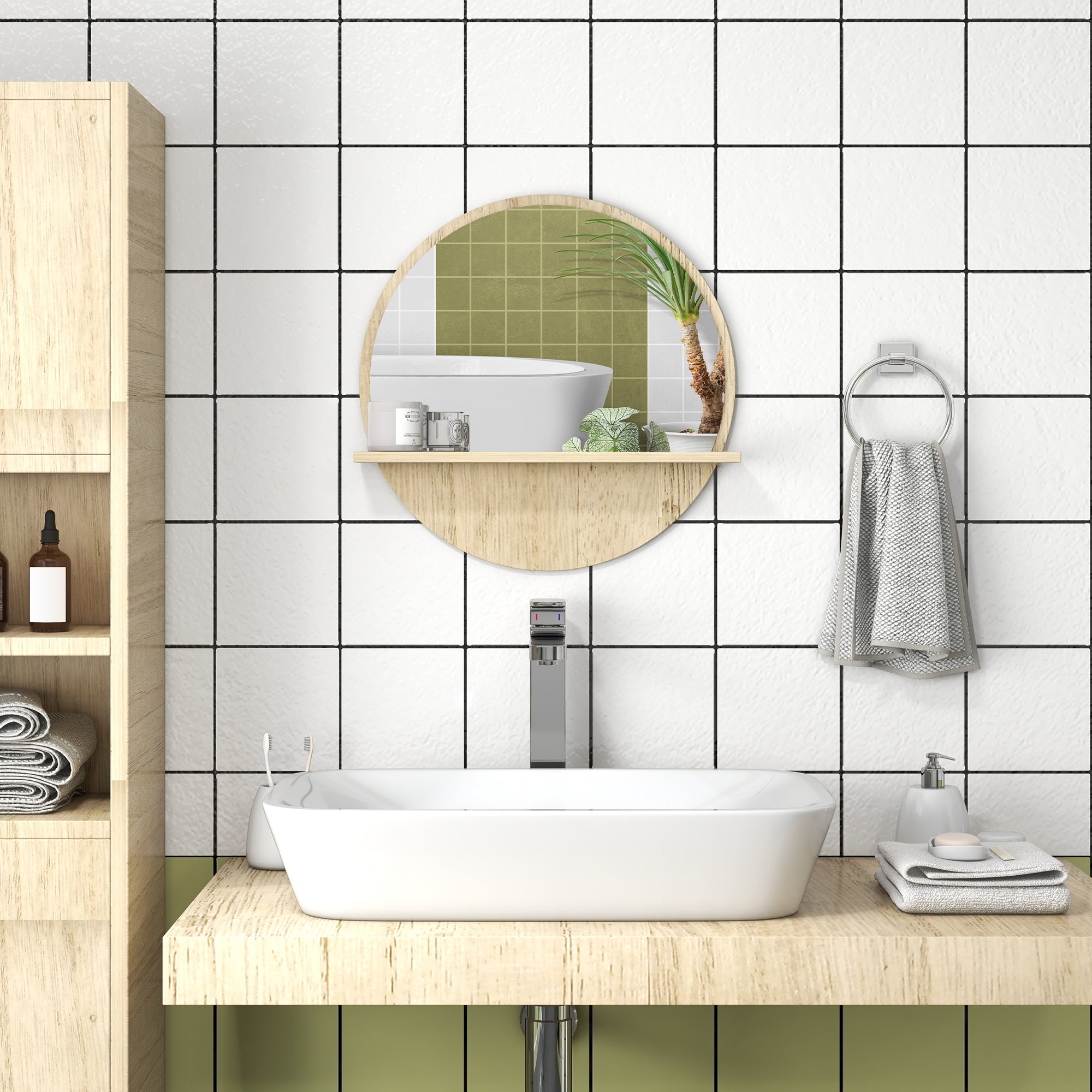 kleankin 45cm Round Home Mirror, with Shelf - Natural Wood Effect - North Peak Garden Furniture