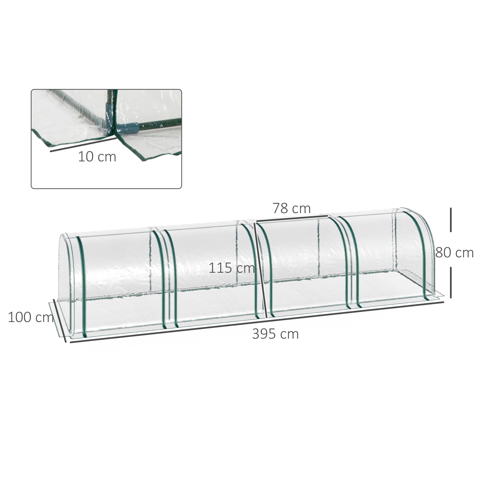 Outsunny Mini Greenhouse, Small Polytunnel Green House with Zipped Doors, Steel Frame for Garden Backyard, 395 x 100 x 80cm, Clear - North Peak Garden Furniture