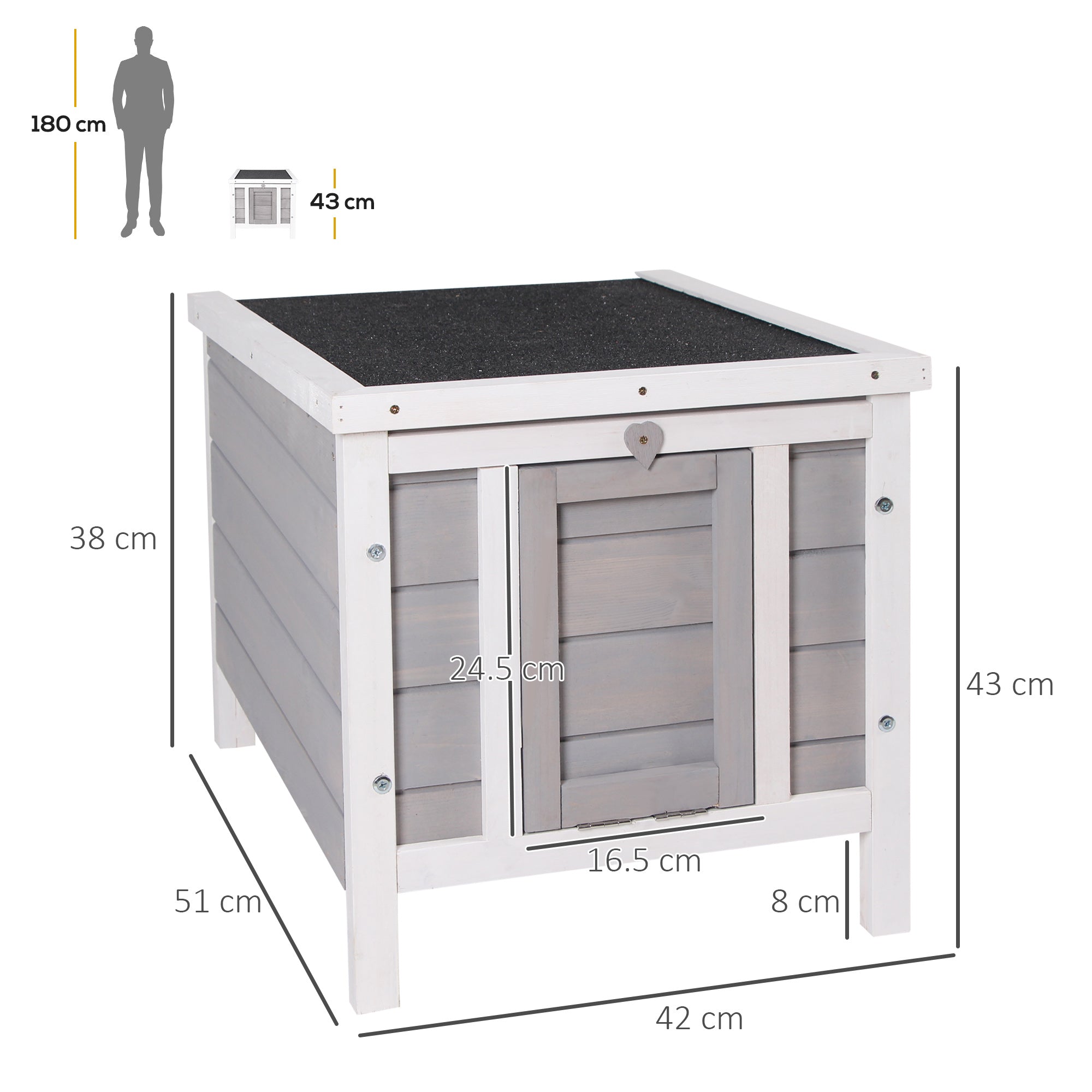 PawHut Wooden Rabbit Hutch Outdoor, Guinea Pig Hutch, Rabbit Hideaway, Cat House, Bunny Cage Small Animal House 51 x 42 x 43 cm, Grey