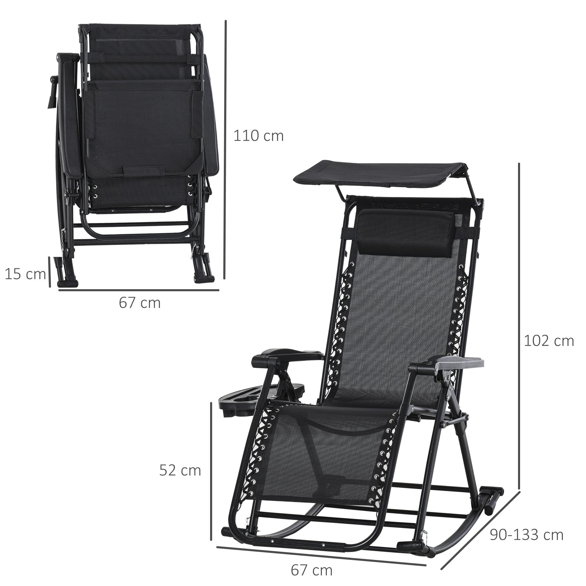 Outsunny Garden Rocking Chair Folding Recliner Outdoor Adjustable Sun Lounger Rocker Zero-Gravity Seat with Headrest Side Holder Patio Deck - Black - North Peak Garden Furniture