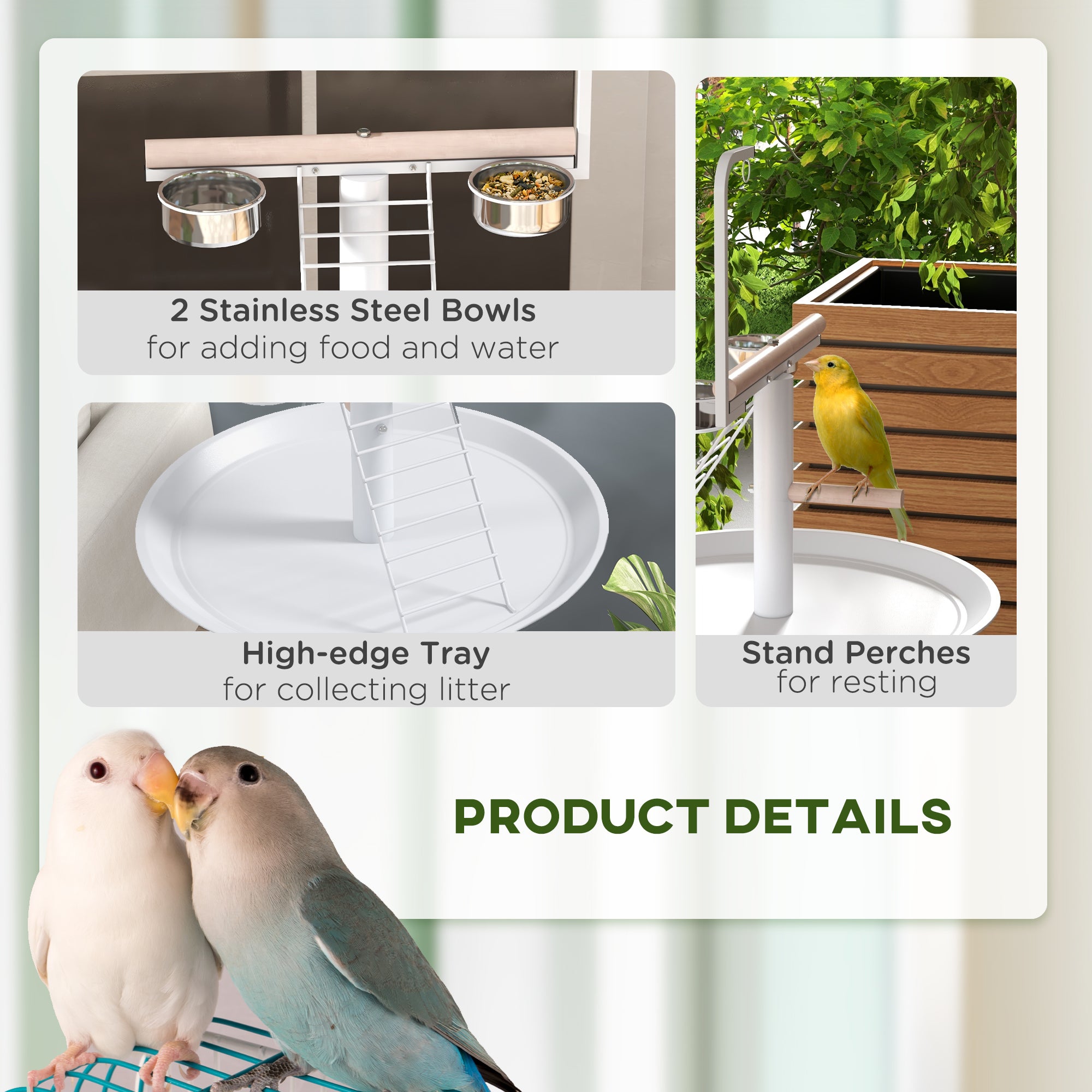 PawHut Bird Stand with Four Wheels, Perches, Stainless Steel Feed Bowls, Round Tray, for Garden, Indoor, Outdoor - White - North Peak Garden Furniture