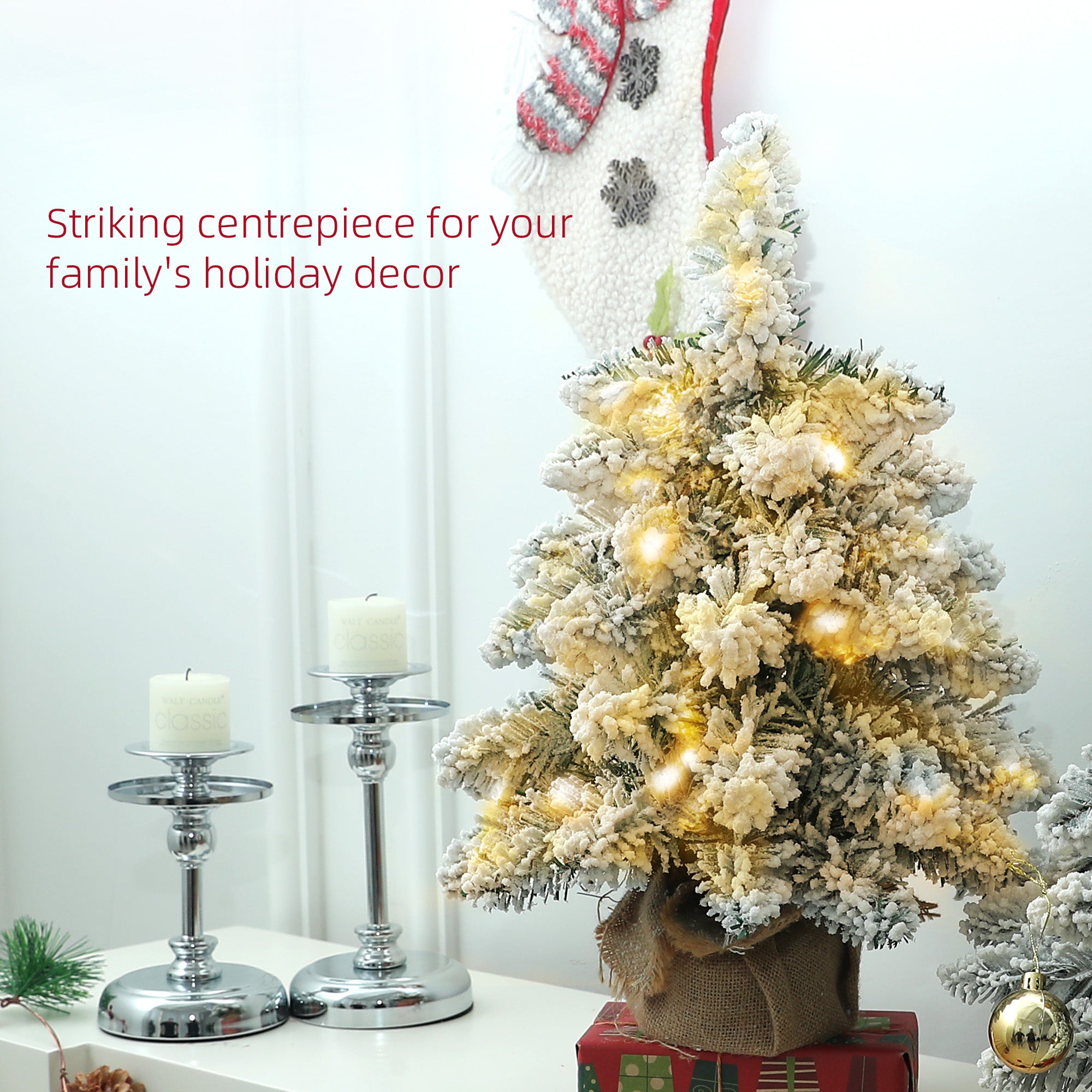 HOMCOM 1.5ft Mini Artificial Christmas Trees with Lights Set of 2, Snow Flocked Tabletop Christmas Trees with Base, Battery Operated, Desktop Party Decoration - North Peak Garden Furniture