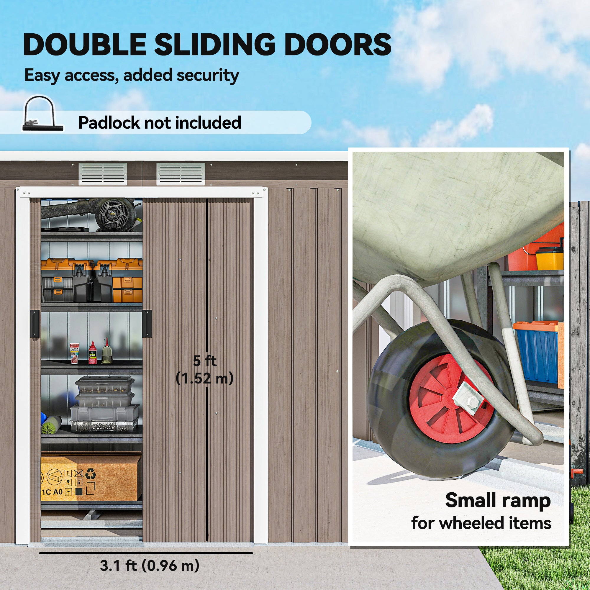 Outsunny 9ft x 4ft Metal Garden Shed, Outdoor Tool House with Foundation Kit, Ventilations and Double Doors, Light Grey Wood Grain
