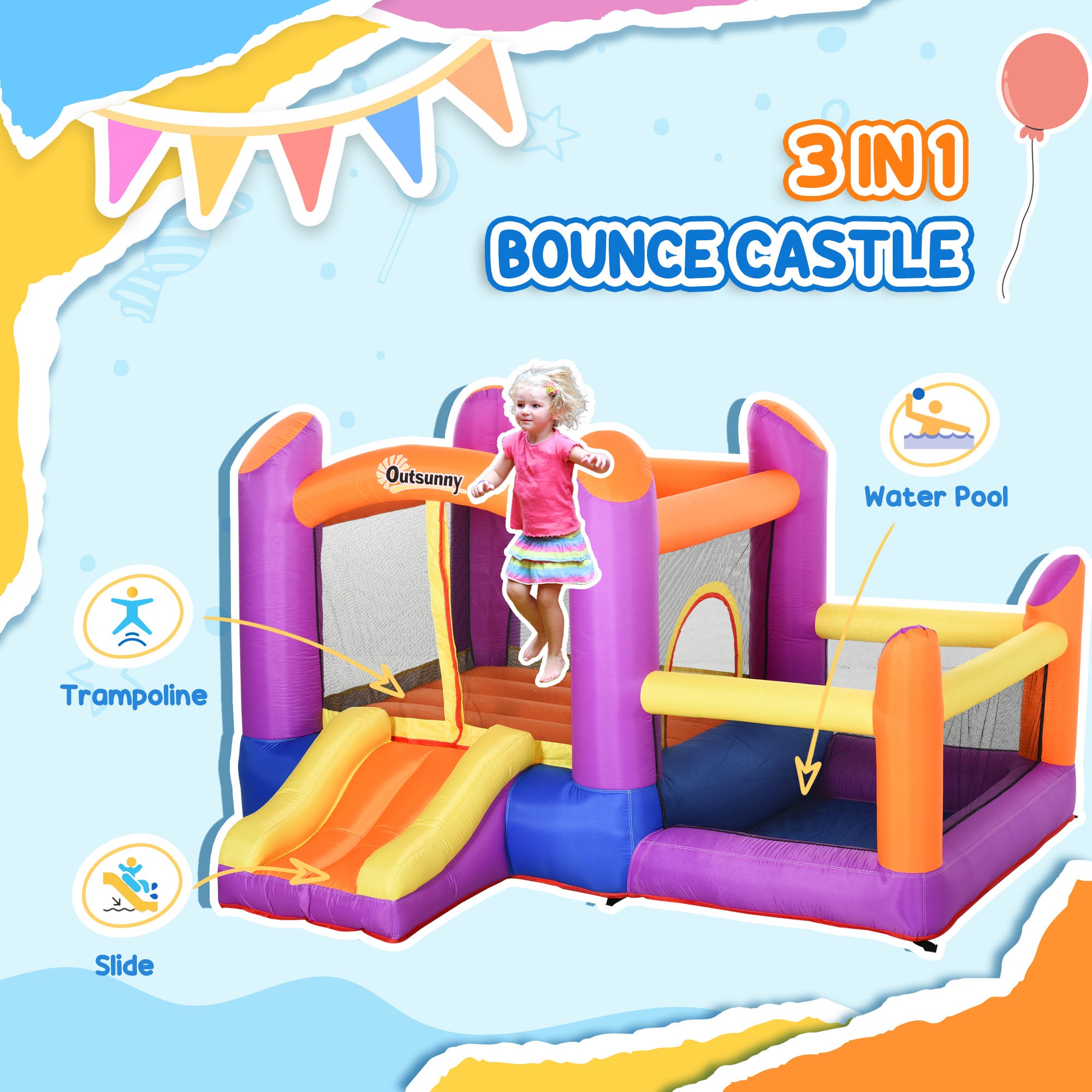 Outsunny Kids Bouncy Castle House Inflatable Trampoline Slide Water Pool 3 in 1 with Blower for Kids Age 3-8 Multi-color 2.8 x 2.5 x 1.7m - North Peak Garden Furniture
