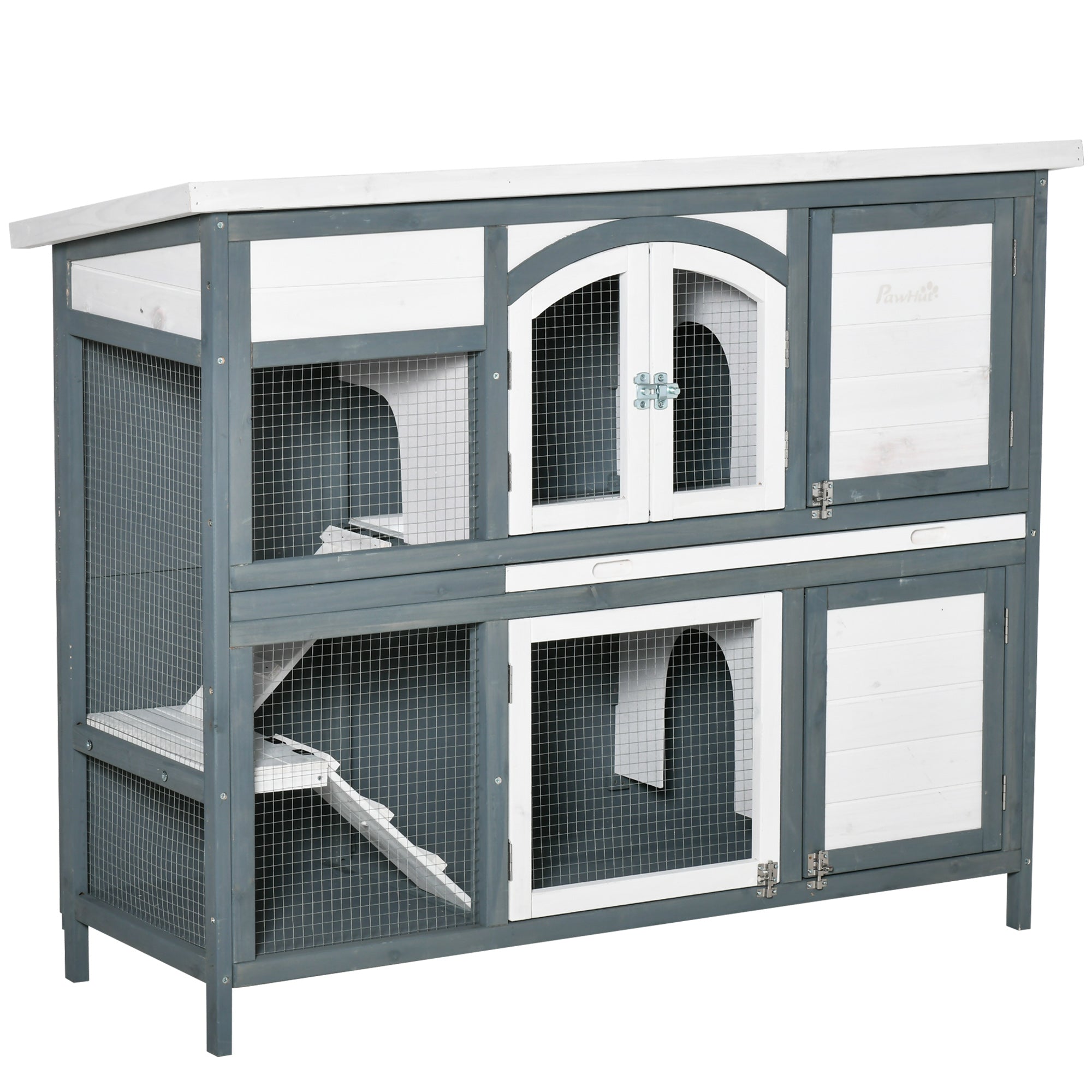 PawHut Rabbit Hutch Outdoor Guinea Pig Hutch 2 Tier Wooden Cage w/ Ramp, Divider, Openable Roof, 125 x 48 x 100cm - Grey - North Peak Garden Furniture