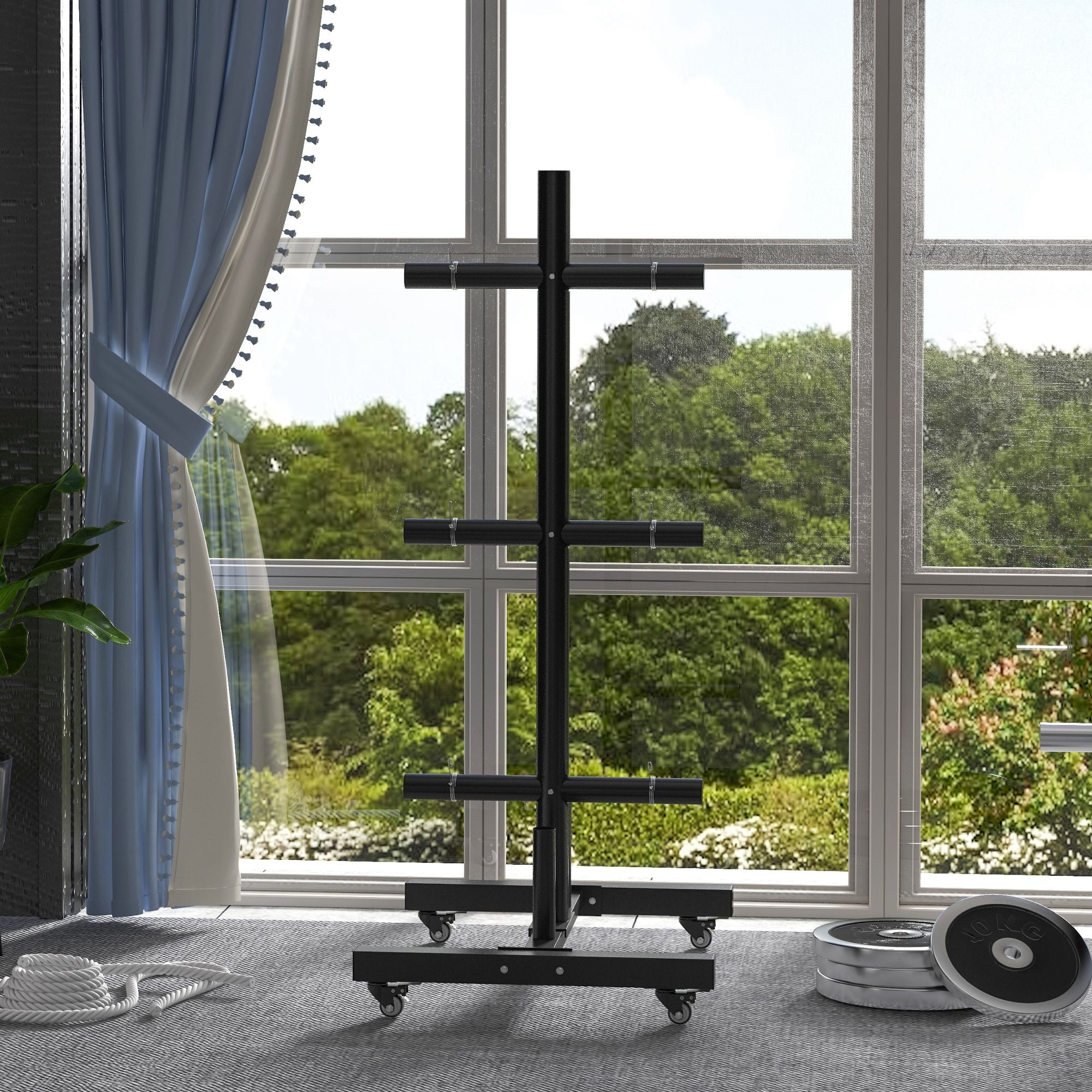SPORTNOW Weight Rack for Olympic Weight Plate, 3 Tier Weight Tree for 2 inch Plates and Bars, Weight Organizer Stand with 4 Transport Wheels and Clamps for Home Gym, Max Load 200kg, Black - North Peak Garden Furniture