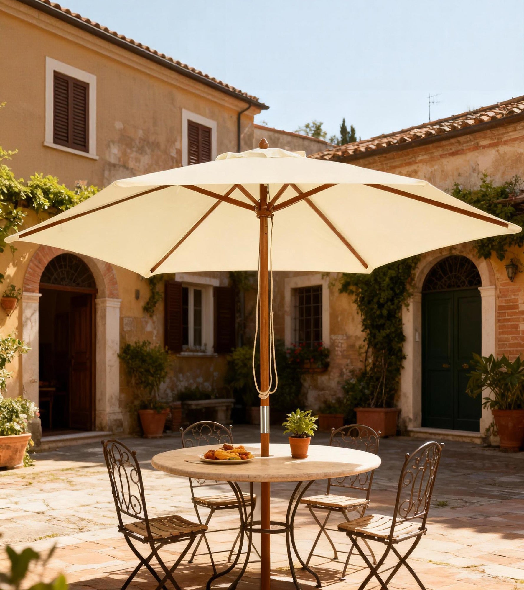 Outsunny 2.5m Wood Garden Parasol Sun Shade Patio Outdoor Wooden Umbrella Canopy, Table Market Umbrella with Vent, 38mm Pole, Rope Pulley Mechanism, Cream White