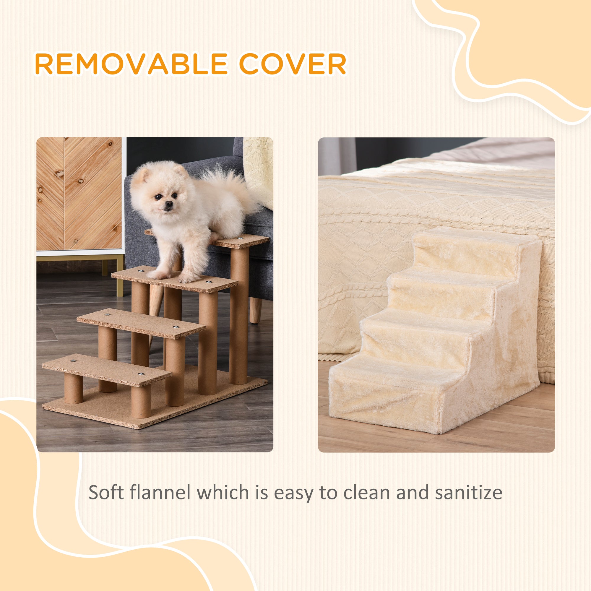 PawHut Four-Step Dog Stairs, with Washable Plush Cover, for High Bed Sofa, Dog Stairs for Small Dog and Cat - Beige - North Peak Garden Furniture