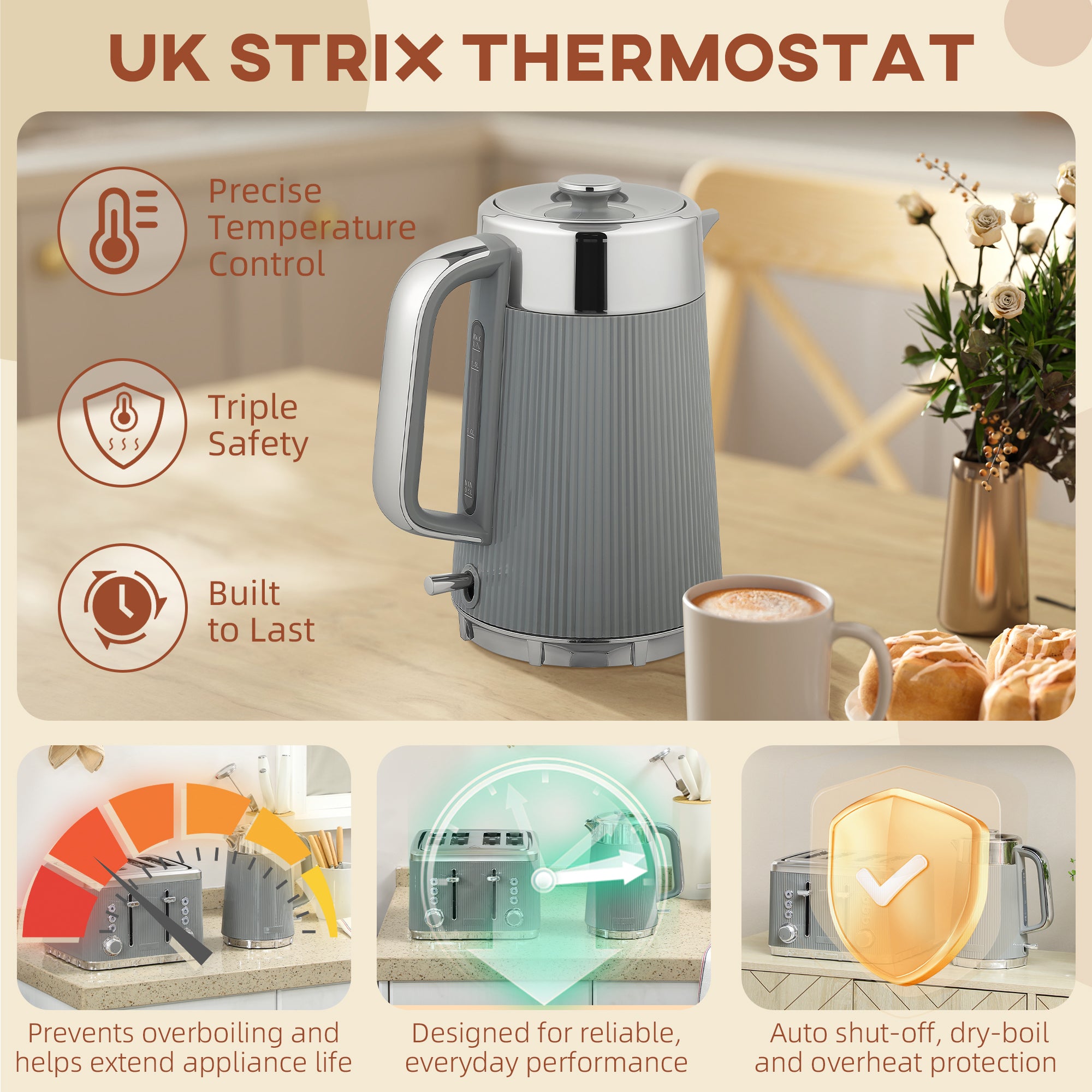 HOMCOM Electric Kettle and Toaster Set, 3000W 1.7L UK Strix Thermostat Rapid Boil Jug Kettle with Limescale Filter, Cool Touch Body, 4 Slice Toaster with 7 Browning Controls, Crumb Tray, Tan