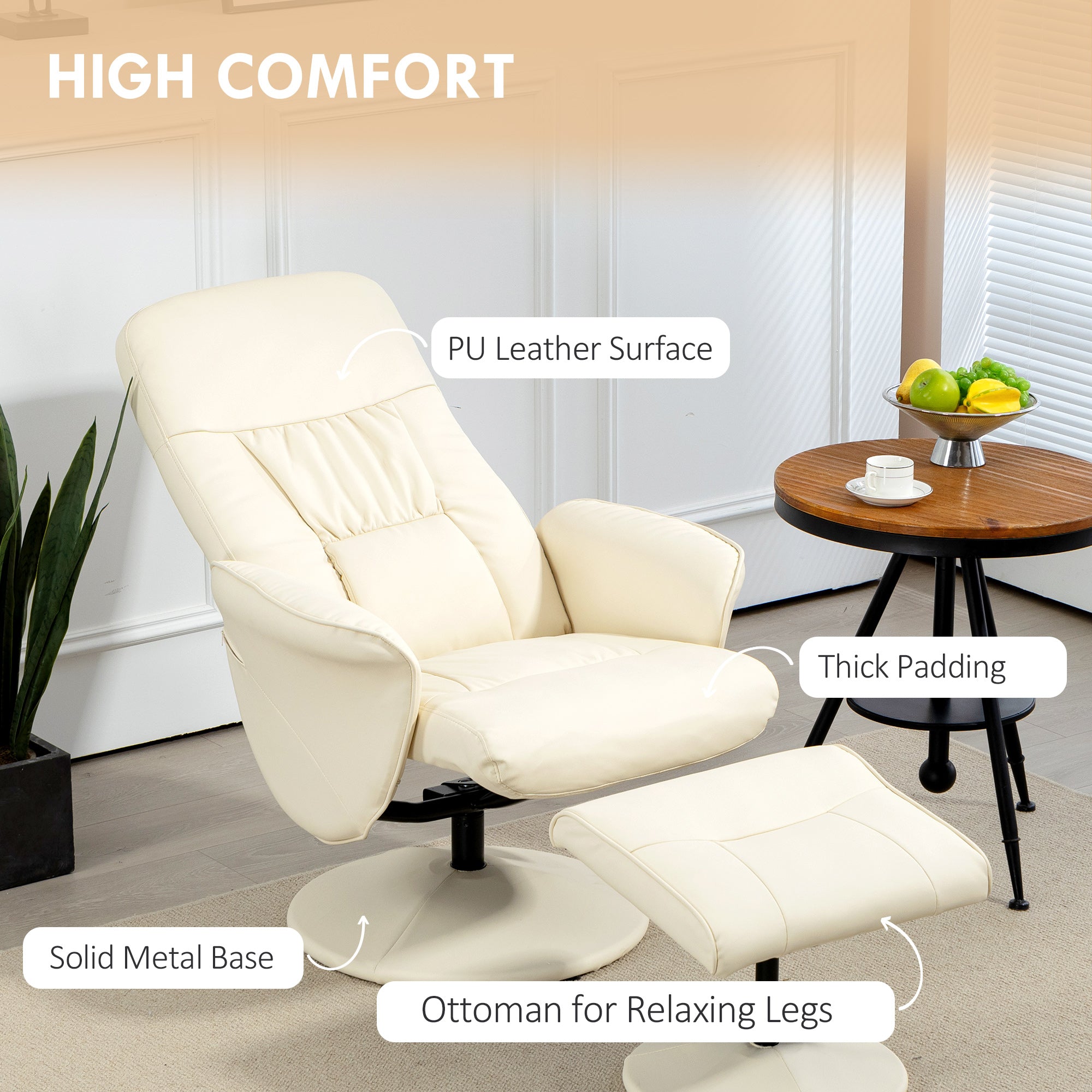 HOMCOM Swivel Recliner Chair with Footstool, PU Leather Armchair and Ottoman with High Back and Round Base for Living Room, Cream White - North Peak Garden Furniture