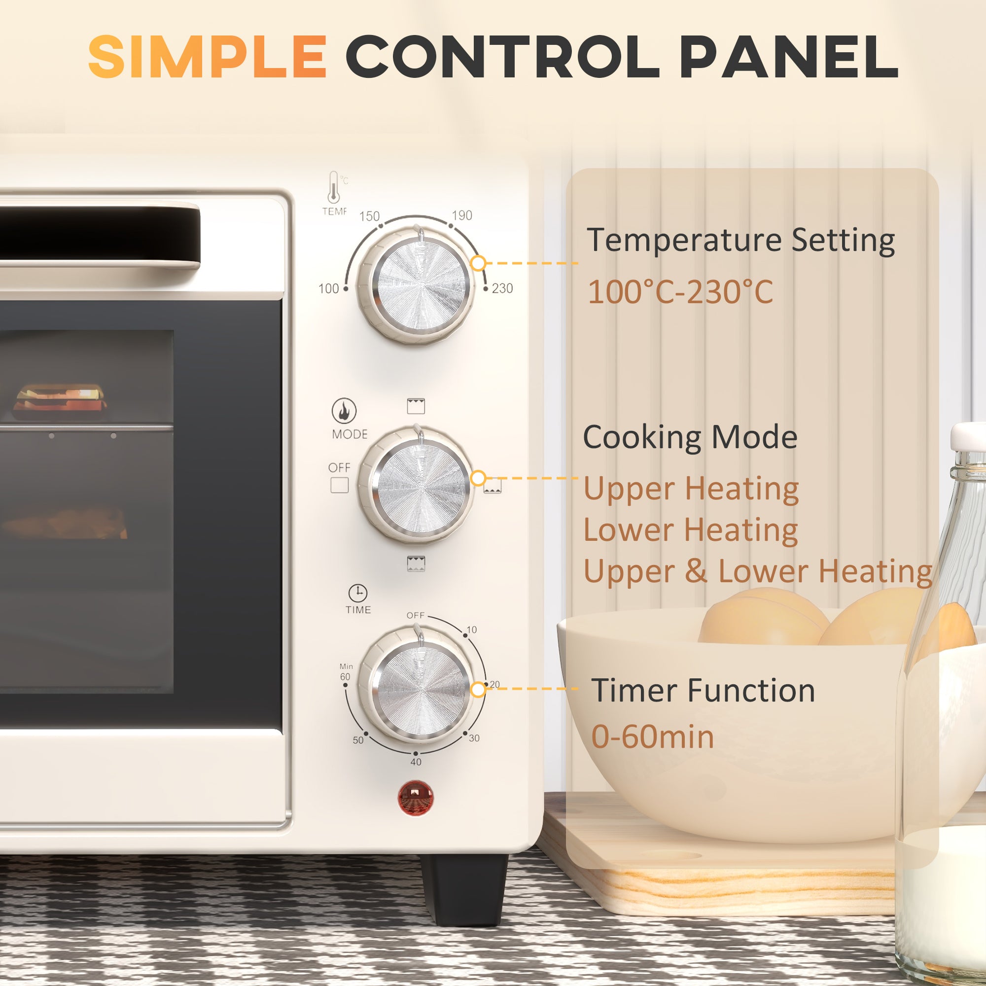 HOMCOM Mini Oven, 21L Countertop Electric Grill, Toaster Oven with Adjustable Temperature, Timer, Baking Tray and Wire Rack, 1400W, Cream - North Peak Garden Furniture
