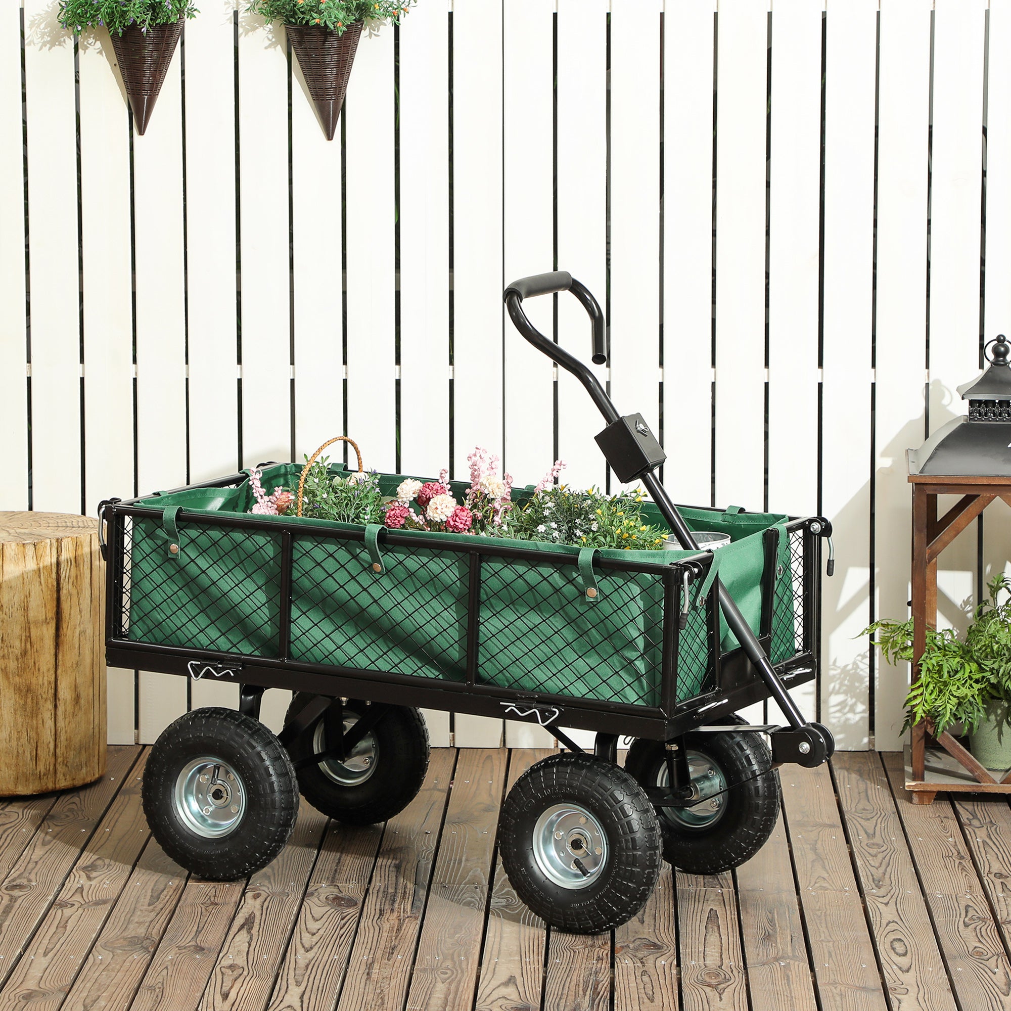 Outsunny 114L Steel Frame Garden Cart Trolley - Green - North Peak Garden Furniture
