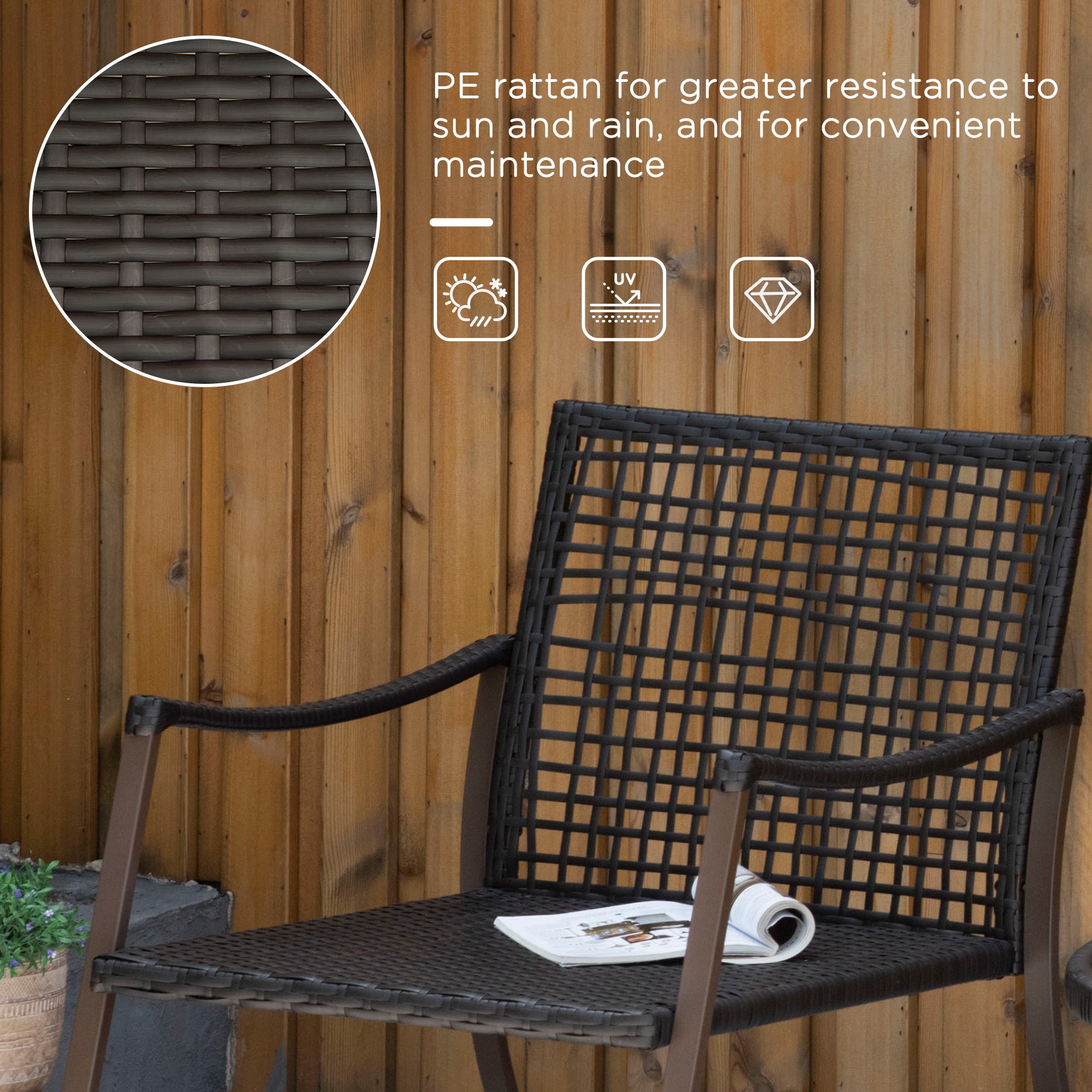 Outsunny 3 Pieces PE Rattan Garden Rocking Chair Set w/ Soft Cushion, Outdoor Rocking Bistro Set with Tempered Glass Round Coffee Table, Pillow, Brown - North Peak Garden Furniture