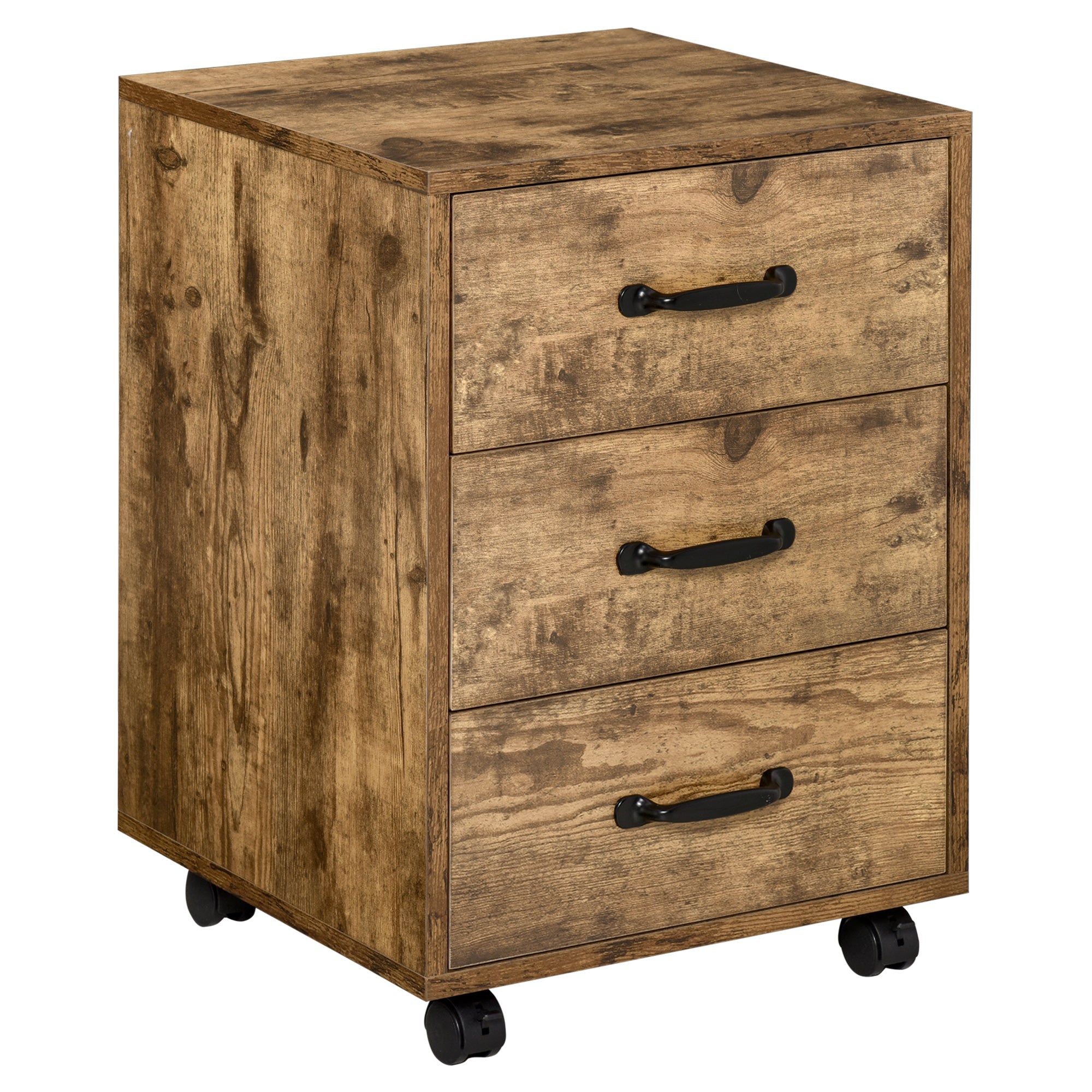 HOMCOM 3 Drawer File Cabinet, Mobile Filing Cabinet on Wheels for Home Office, Study, Rustic Brown - North Peak Garden Furniture