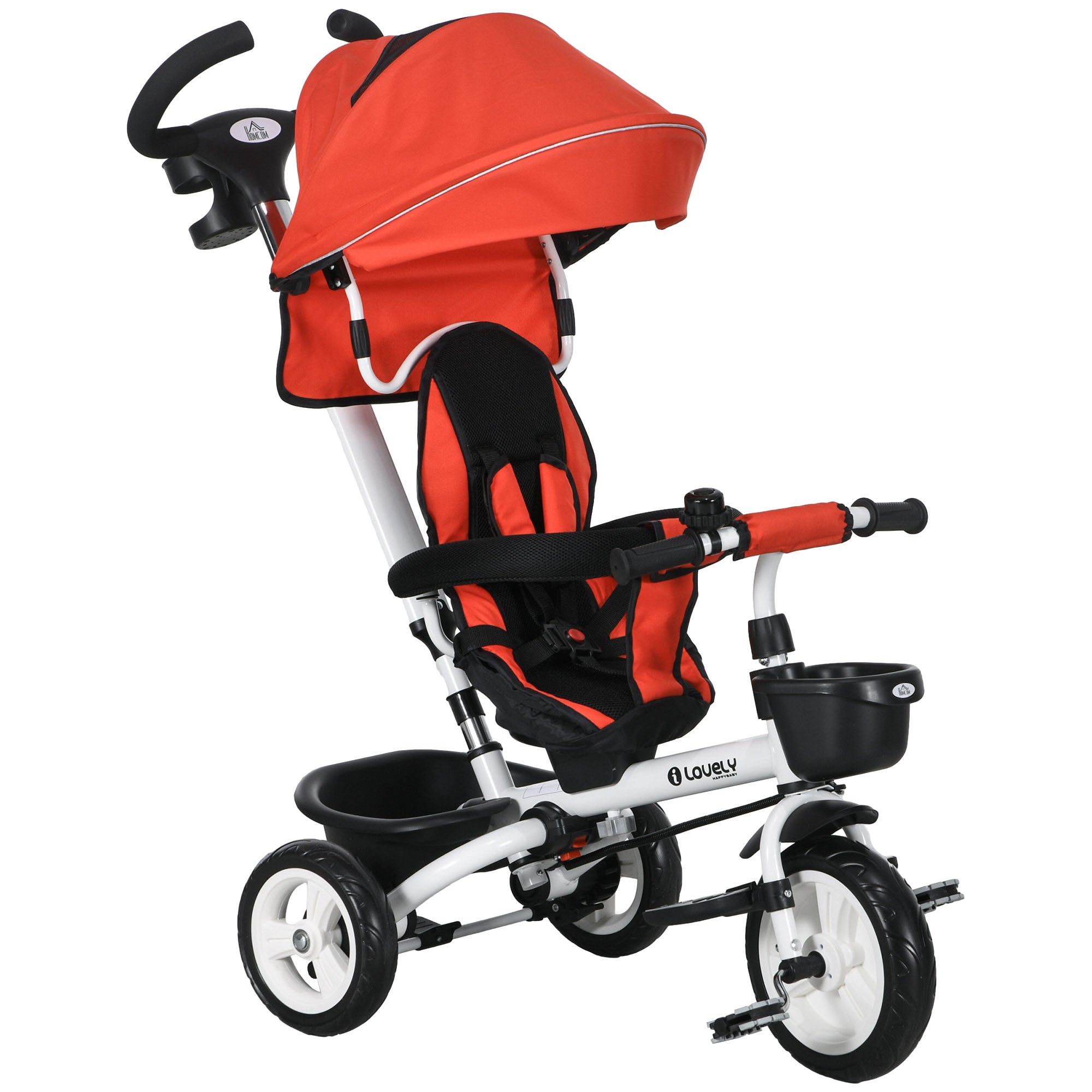 HOMCOM Metal Frame 6 in 1 Baby Push Tricycle with Parent Handle for 1-5 Years Old, Red - North Peak Garden Furniture