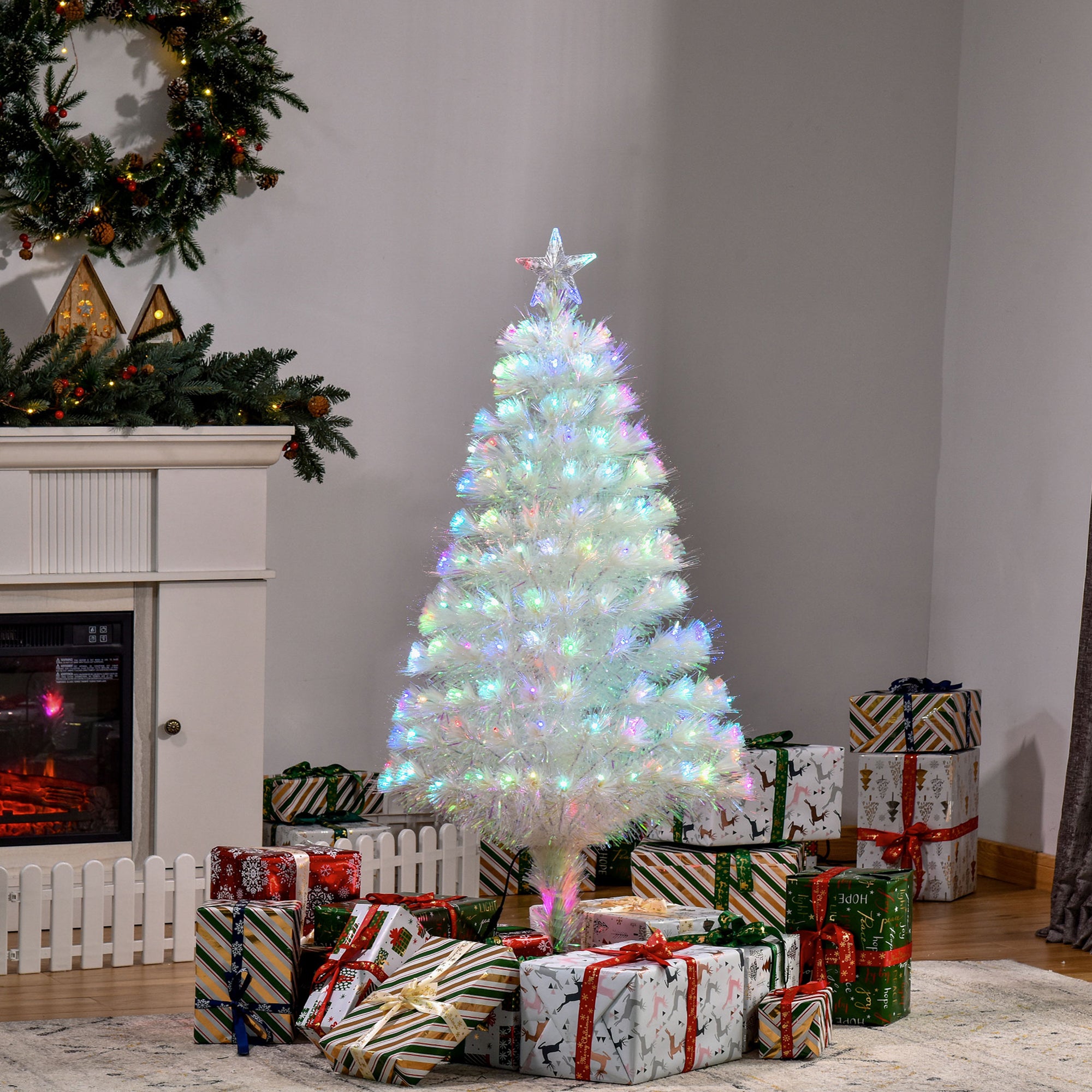 HOMCOM 4 Feet Prelit Artificial Christmas Tree with Fiber Optic LED Light, Holiday Home Xmas Decoration, White - North Peak Garden Furniture
