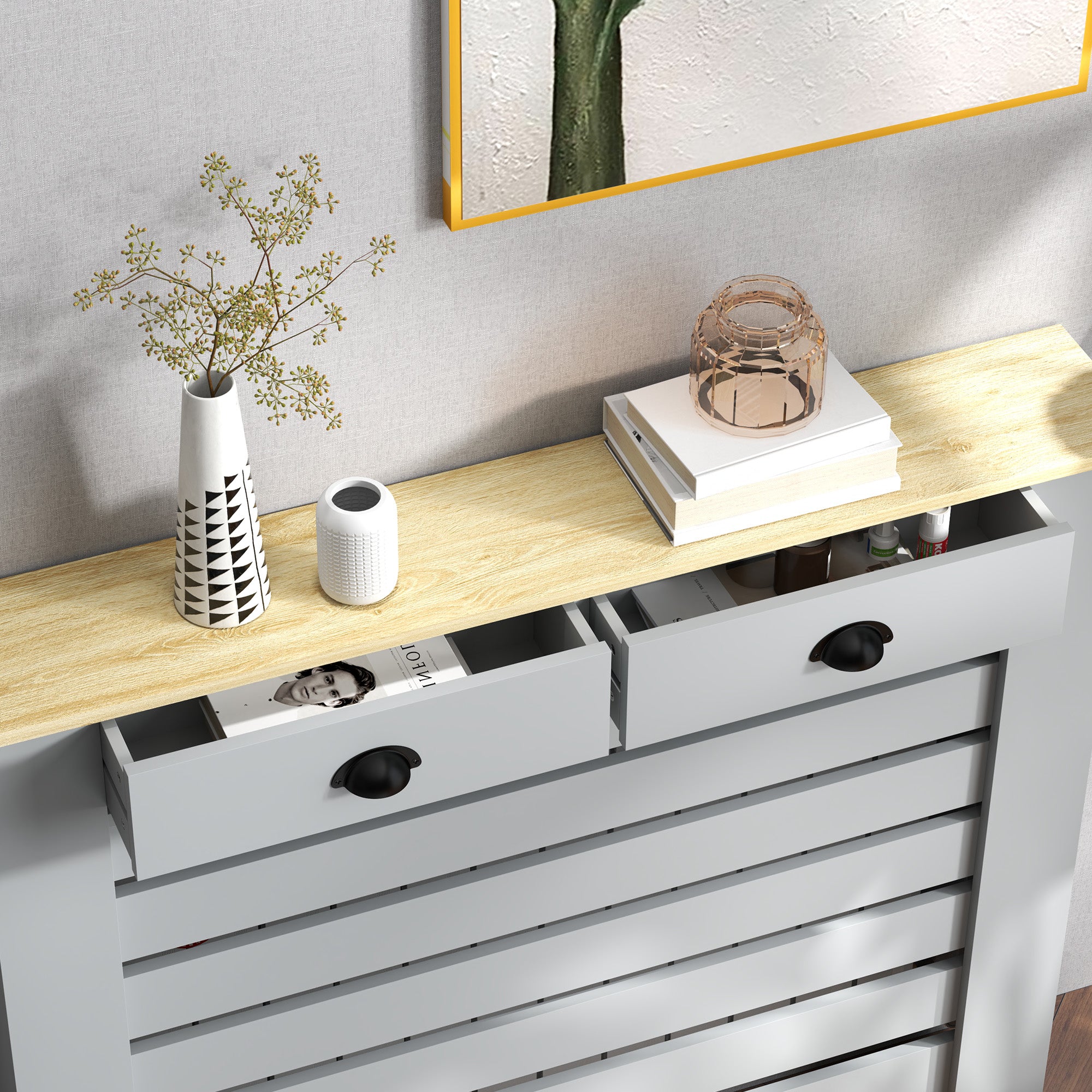 HOMCOM 95.5H x 111Wcm Radiator Cover, with Drawer - Grey - North Peak Garden Furniture