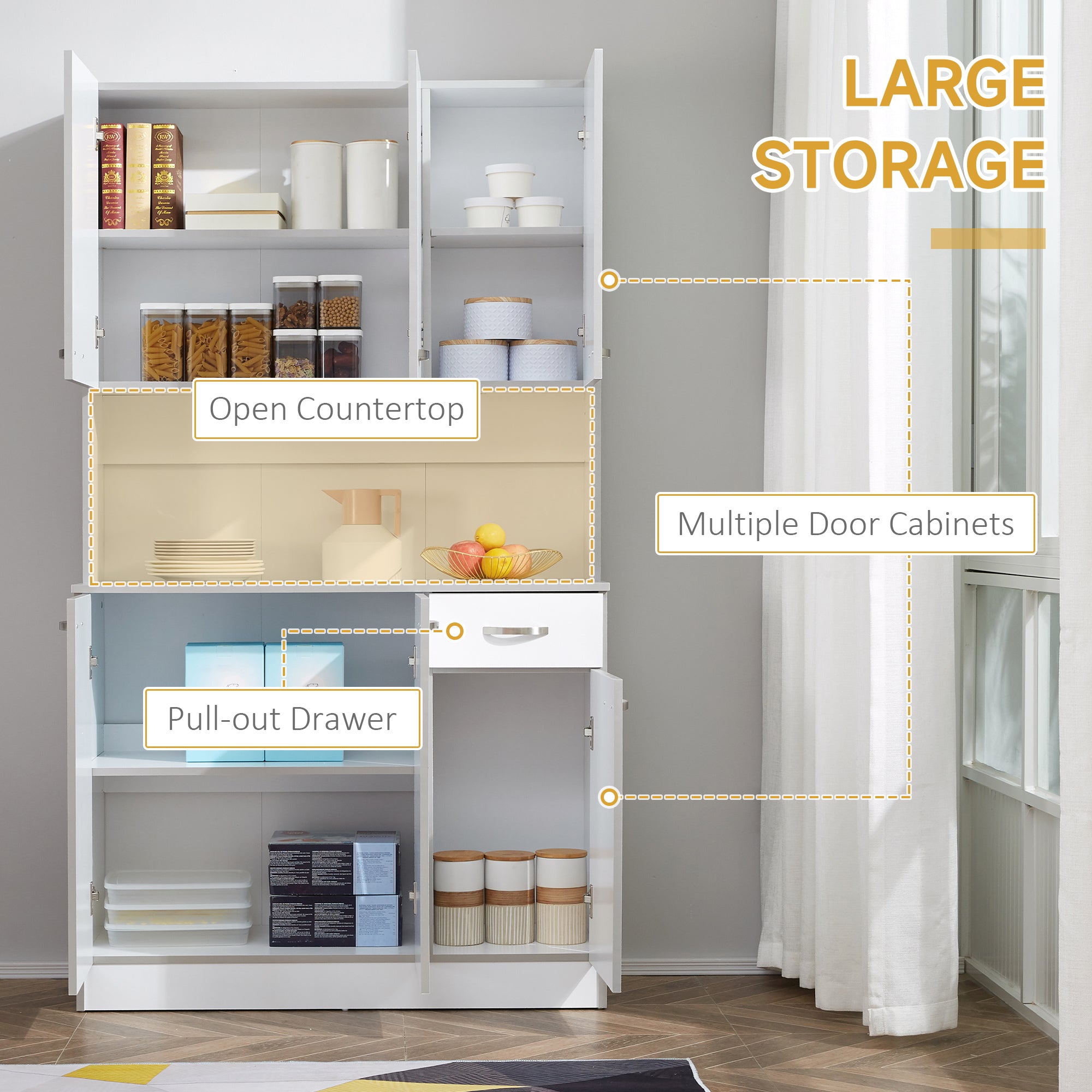 HOMCOM Kitchen Cupboard, Freestanding Kitchen Storage Cabinet with 6 Doors, Drawer, Adjustable Shelves and Open Countertop for Dining Room, White - North Peak Garden Furniture