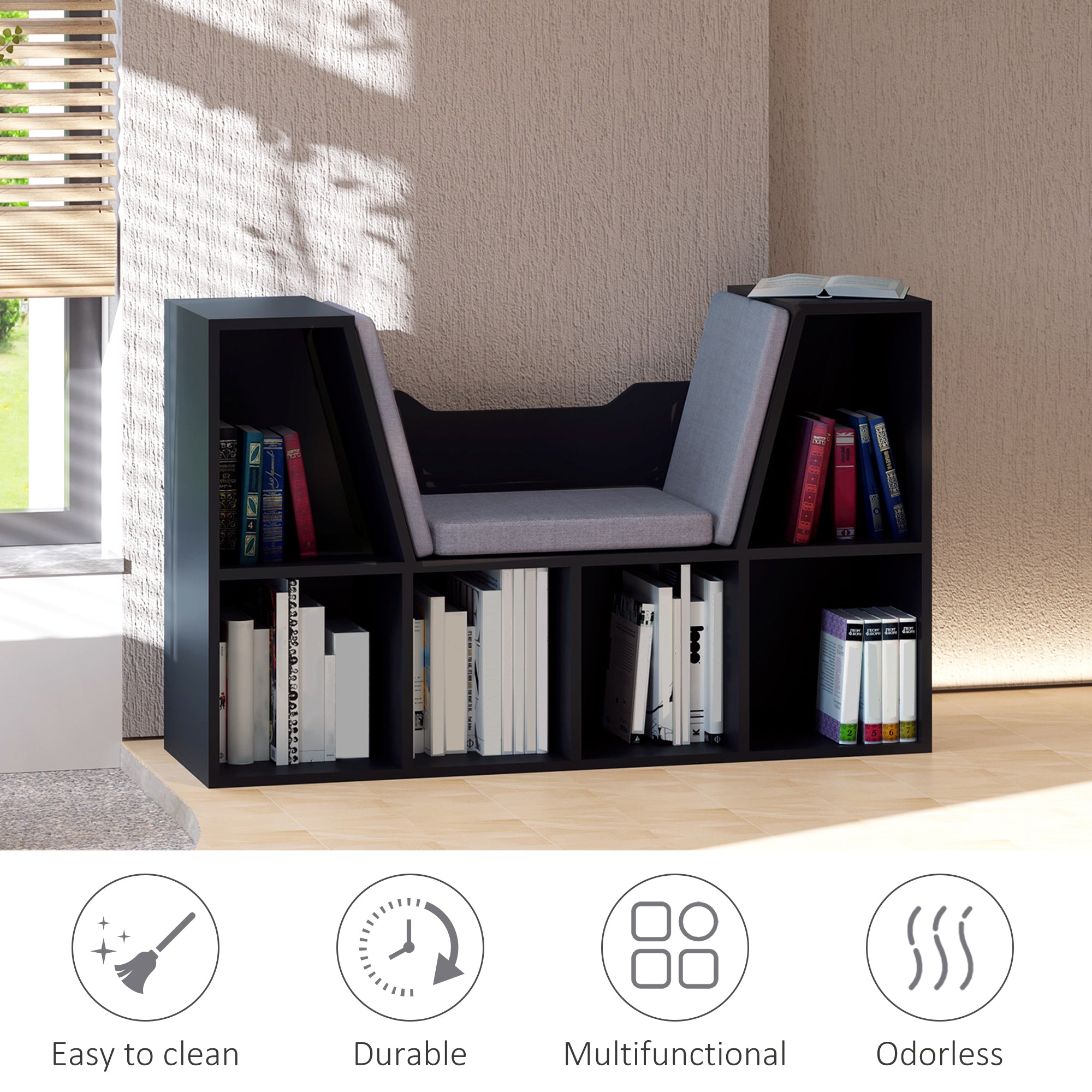 HOMCOM Bookcase Storage Shelf with Cushioned Reading Seat, Cube Bookshelf Organizer for Bedroom Living Room, Black