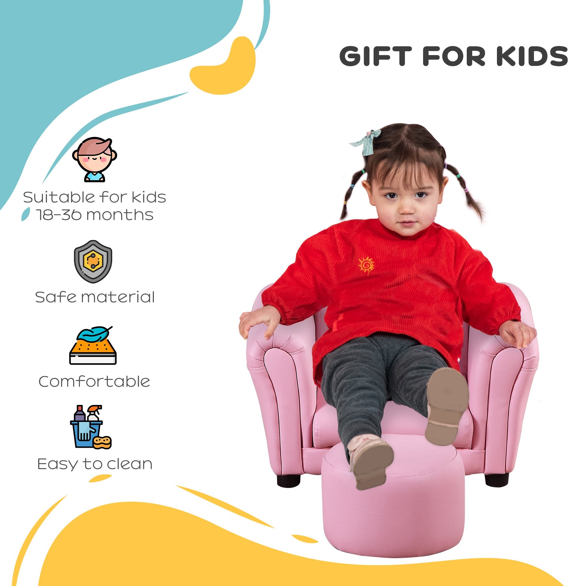 HOMCOM Toddler Chair Single Seater Kids Sofa Set, 54 x 42 x 41cm, Kids Sofa with Stool, Pink - North Peak Garden Furniture