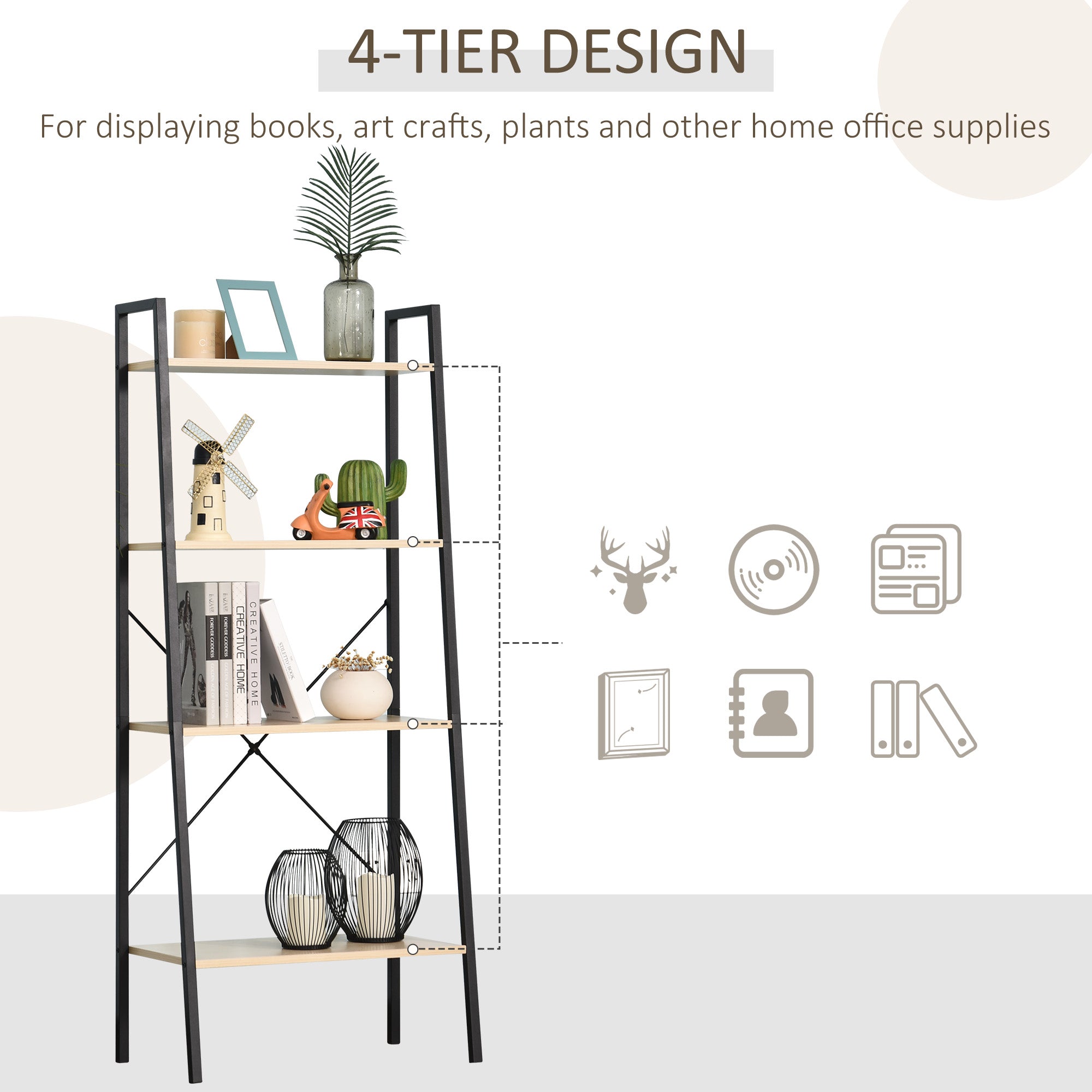 HOMCOM 4-Tier Vintage Ladder Shelf Bookcase Wood Storage Rack Stand Plants Display Black natural