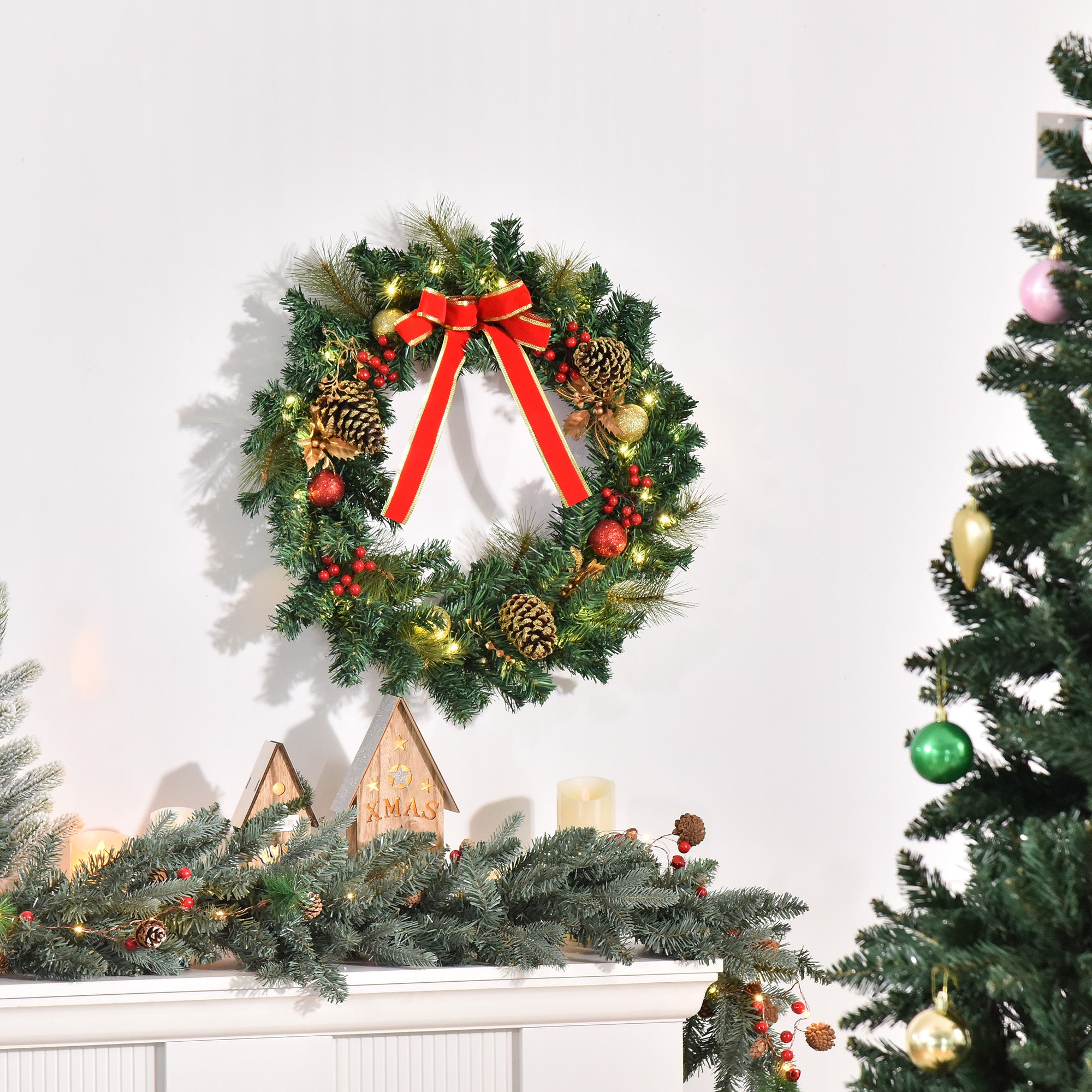 HOMCOM 60cm Pre-Lit Artificial Christmas Door Wreath Holly LED Decor Pine Cones Hanging Glittered Festival Indoor Outdoor Decoration - North Peak Garden Furniture