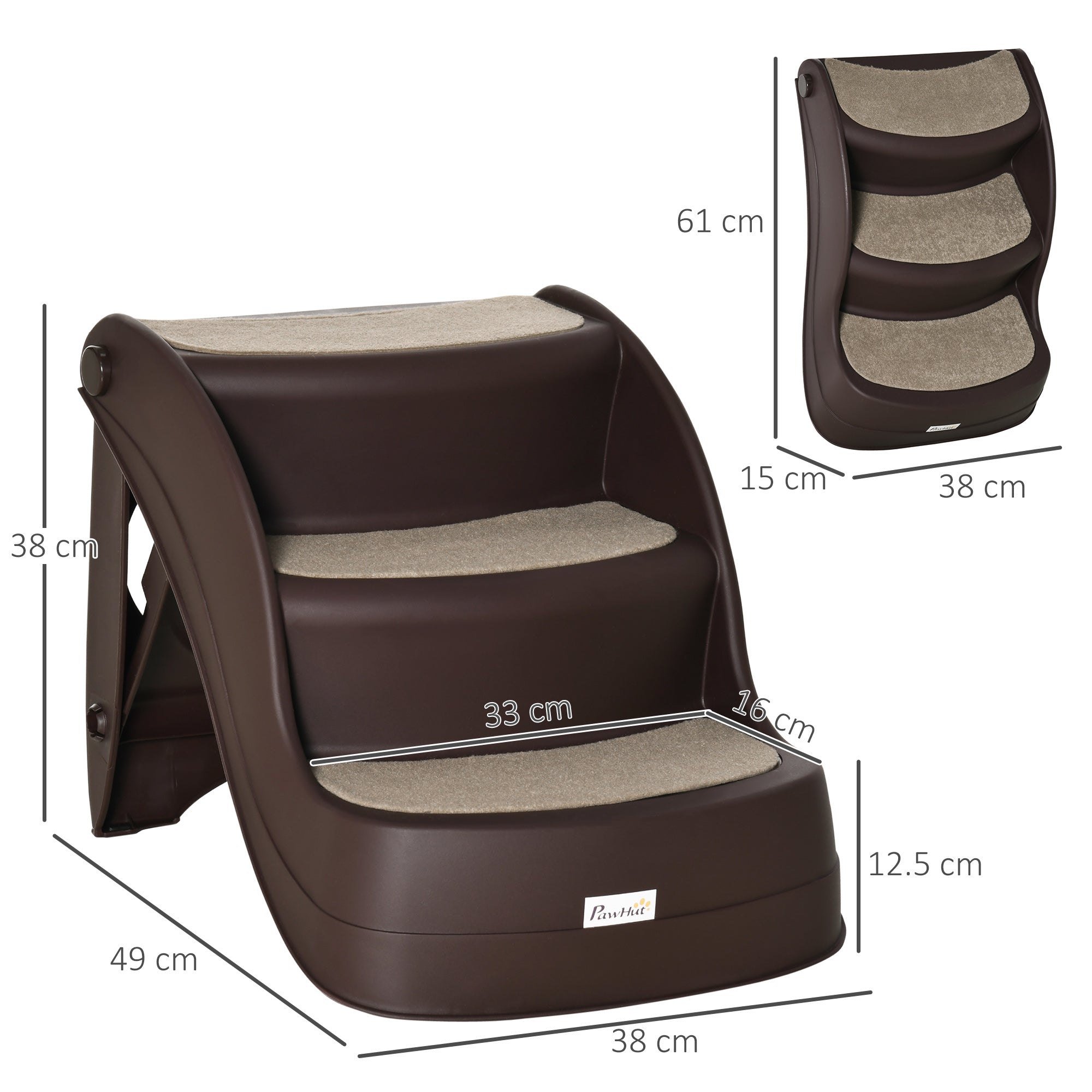 PawHut Foldable Pet Stairs Portable Dog Steps 3-Step Design with Non-slip Mats for High Beds, Sofas, 49 x 38 x 38 cm, Brown - North Peak Garden Furniture