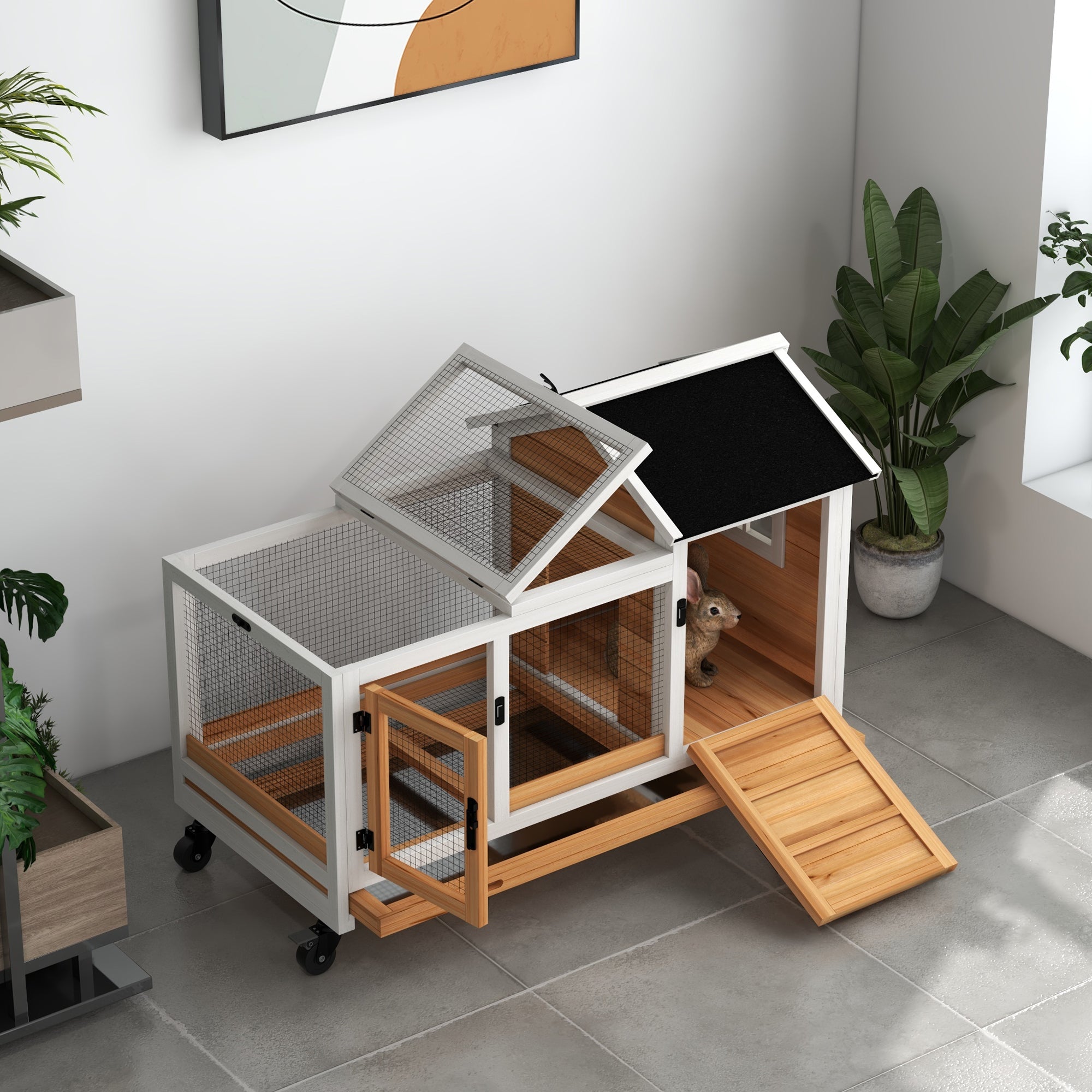 PawHut Wooden Rabbit Hutch, Guinea Pig Cage, with Removable Tray, Wheels - Yellow - North Peak Garden Furniture
