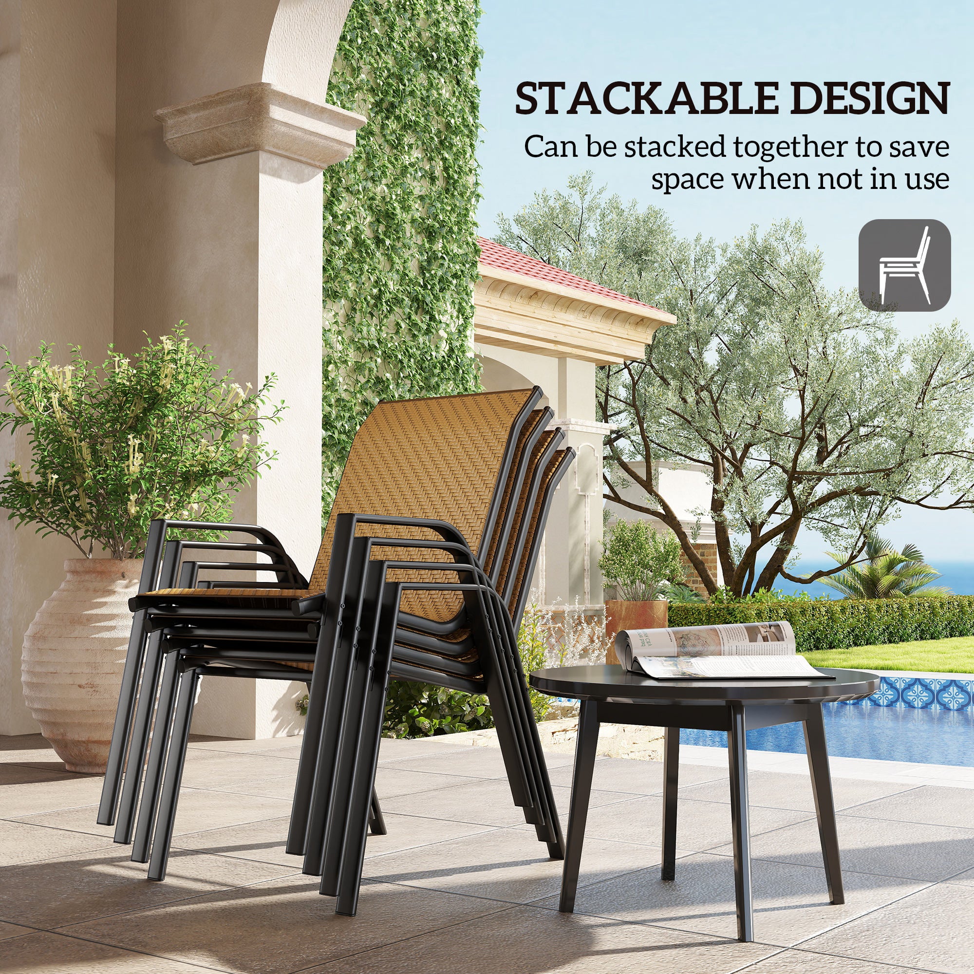 Outsunny Four-Piece Stacking Rattan Garden Seat Set - Khaki - North Peak Garden Furniture