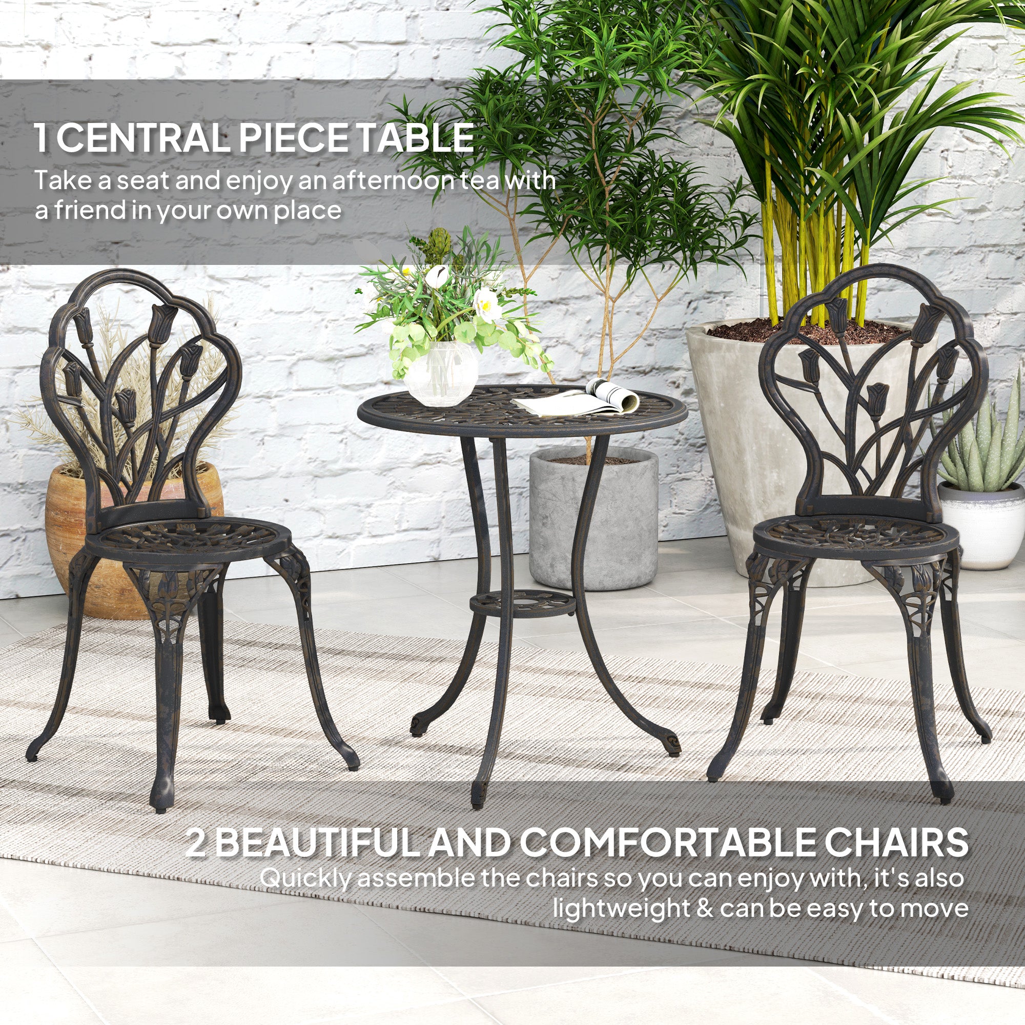 Outsunny 3 Piece Patio Bistro Set for 2, Outdoor Aluminium Garden Table and Chairs with Umbrella Hole for Balcony, Bronze Tone - North Peak Garden Furniture