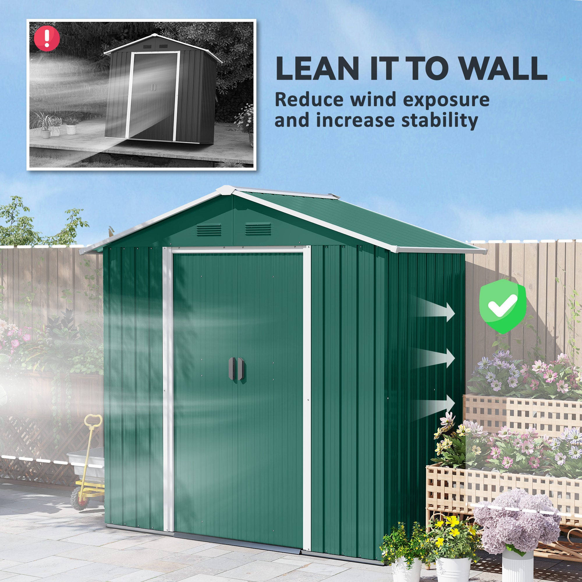 Outsunny 6.5ft x 3.5ft Metal Garden Storage Shed for Outdoor Tool Storage with Double Sliding Doors and 4 Vents, Green - North Peak Garden Furniture