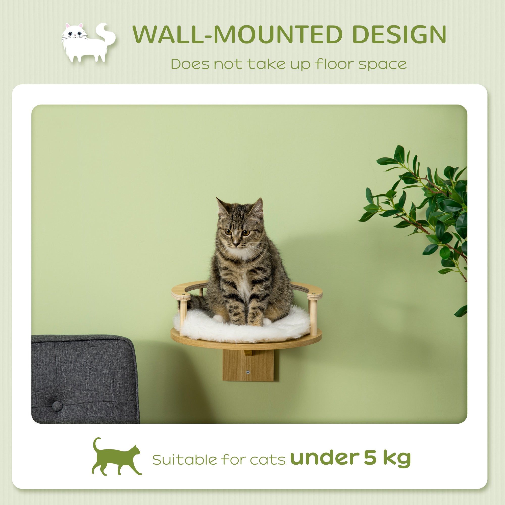 PawHut Wall-Mounted Cat Shelf with Cushion, Guardrails, 34 x 34 x 10.5cm