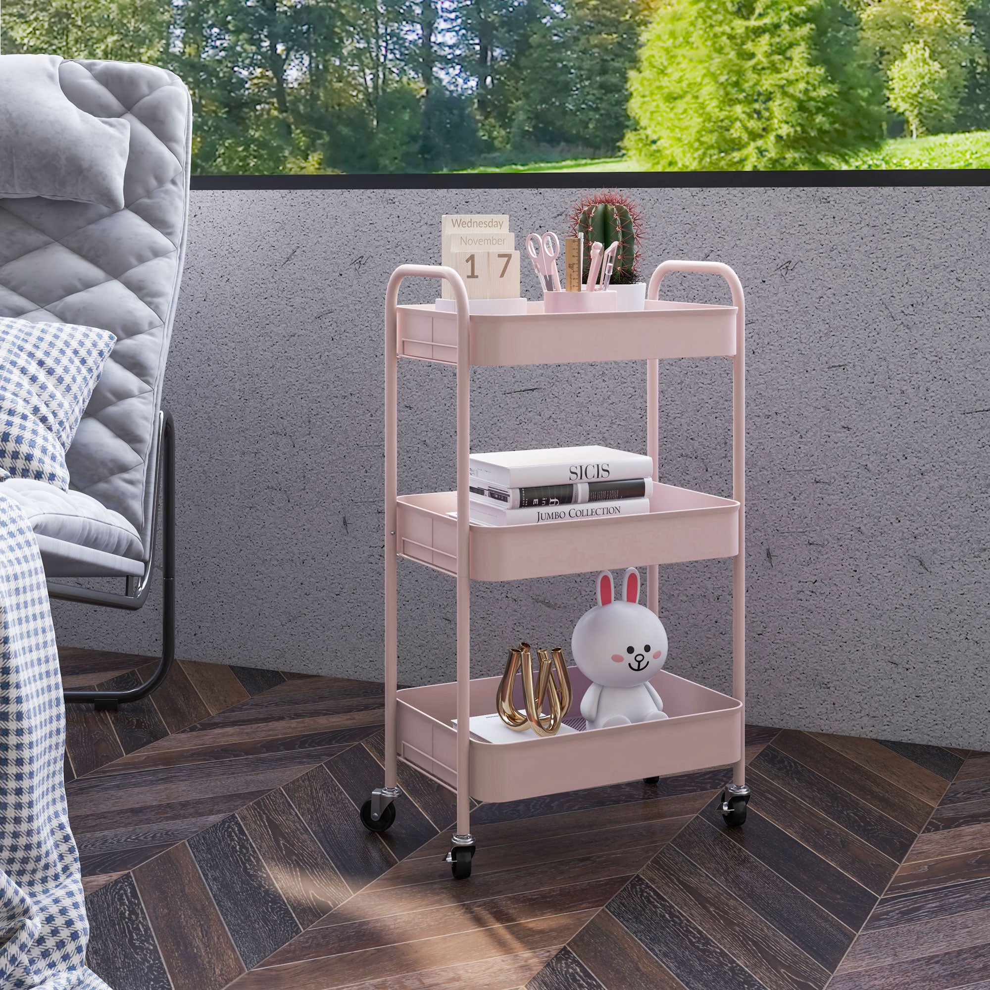 HOMCOM Three-Tier Steel Storage Trolley - Pink - North Peak Garden Furniture