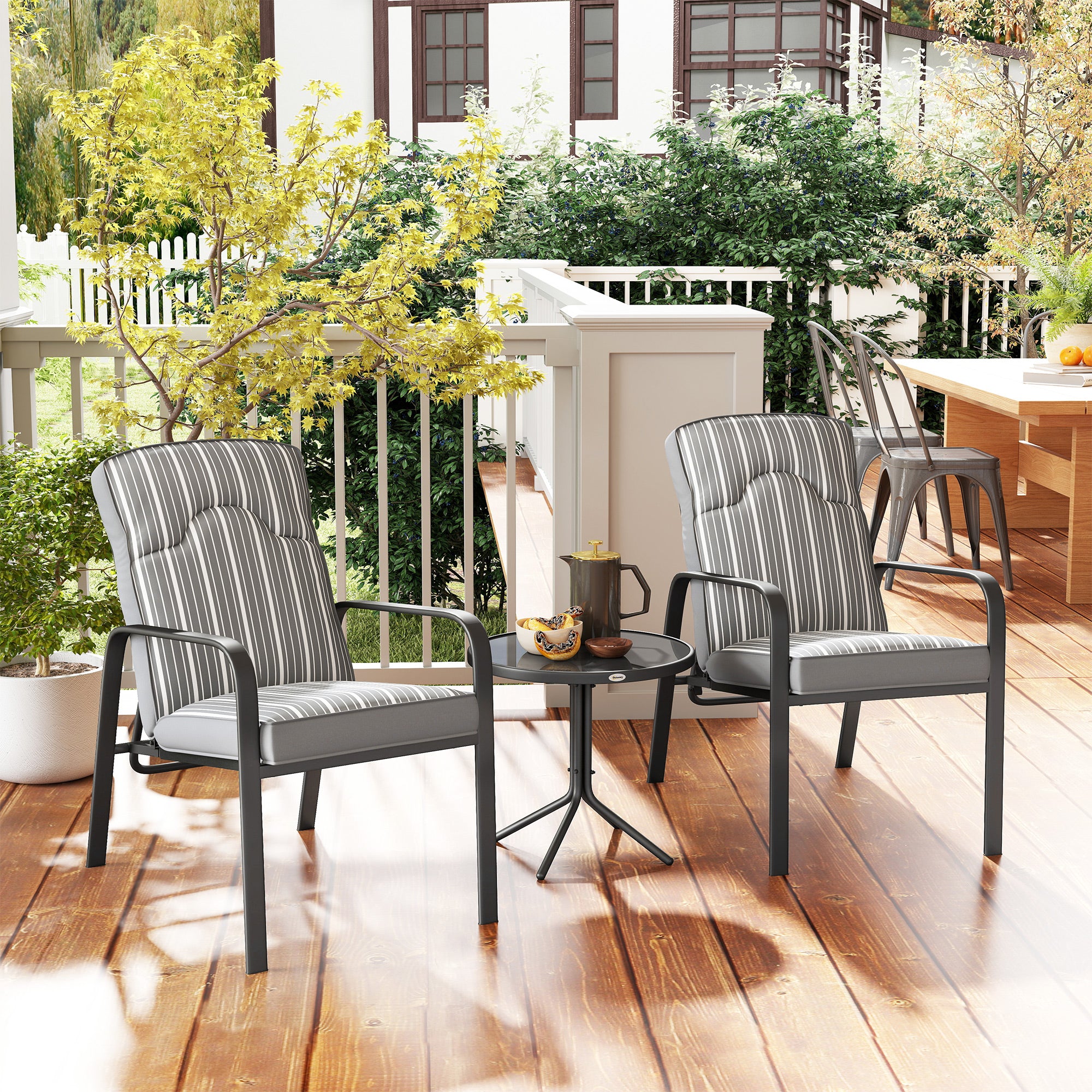 Outsunny 3-Piece Patio Bistro Set, 5-Position Adjustable Recliner Garden Chairs and Tempered Glass Table, Garden Furniture Set with Cushions, High Back, Armrests, Metal Frame for Balcony Patio, Grey - North Peak Garden Furniture