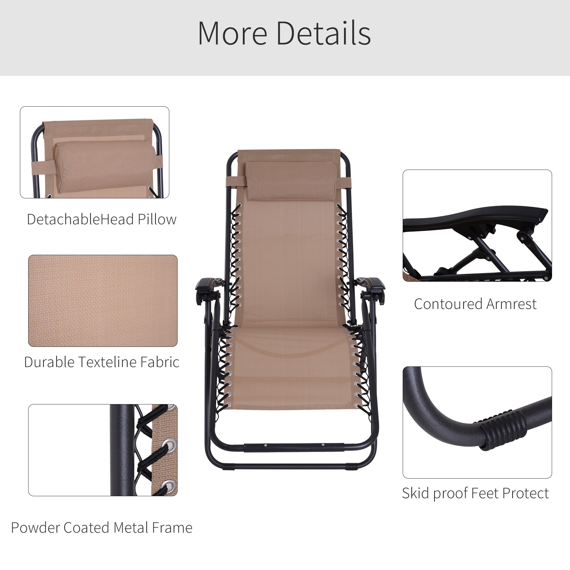 Outsunny Zero Gravity Chair Metal Frame Texteline Armchair Outdoor Folding and Reclining Sun Lounger with Head Pillow for Patio Decking Gardens Camping, Beige - North Peak Garden Furniture