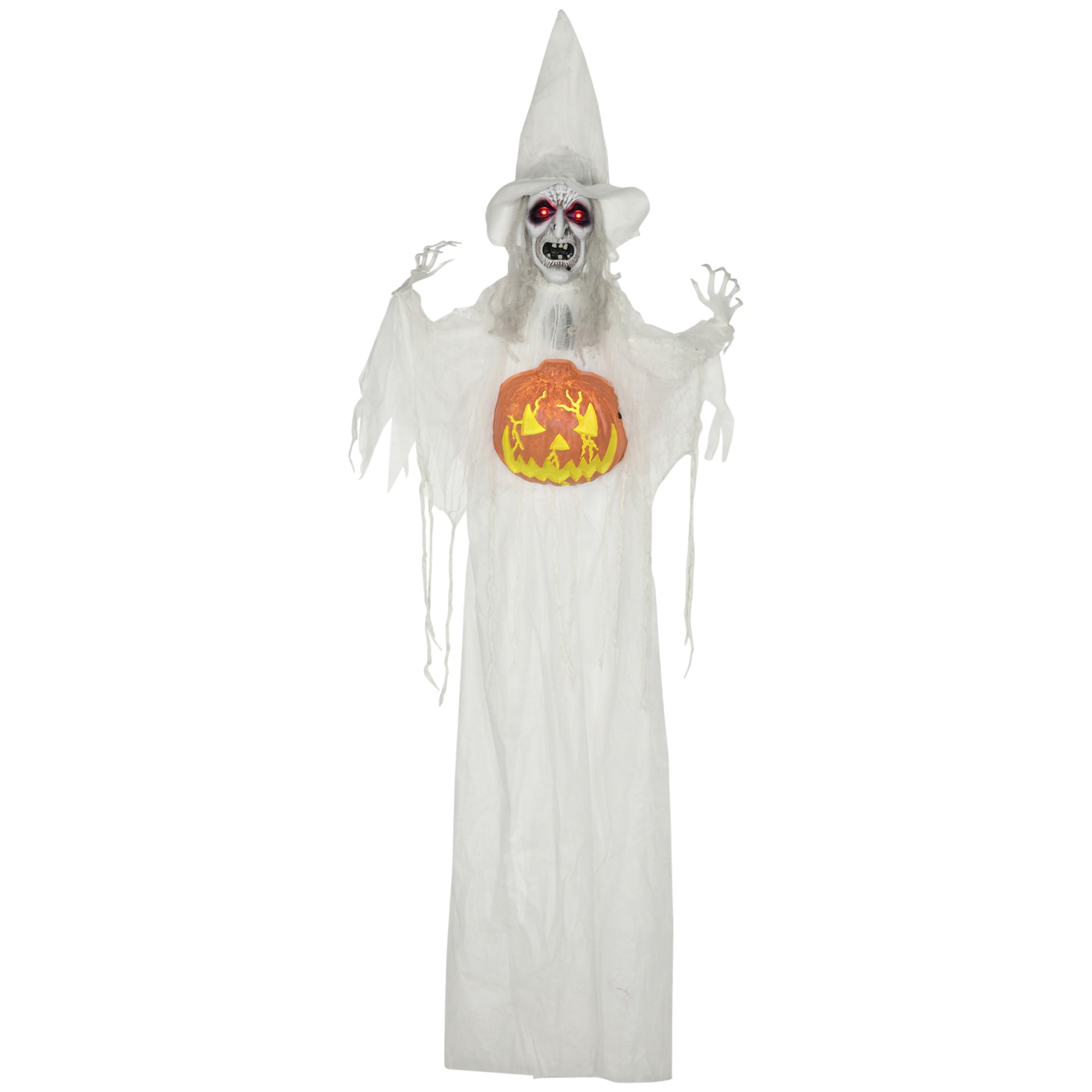 HOMCOM 6ft Outdoor Halloween Decoration Witch with Pumpkin, Standing Skeleton Witch Prop Life Size with Sound and Motion Activated, Light Up Eyes, Laughing Sound, Posable Arms, White