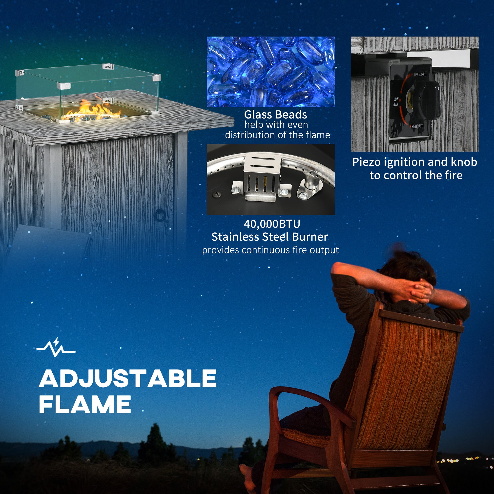 Outsunny 50,000 BTU Gas Fire Pit Table with Cover and Glass Screen - Grey - North Peak Garden Furniture
