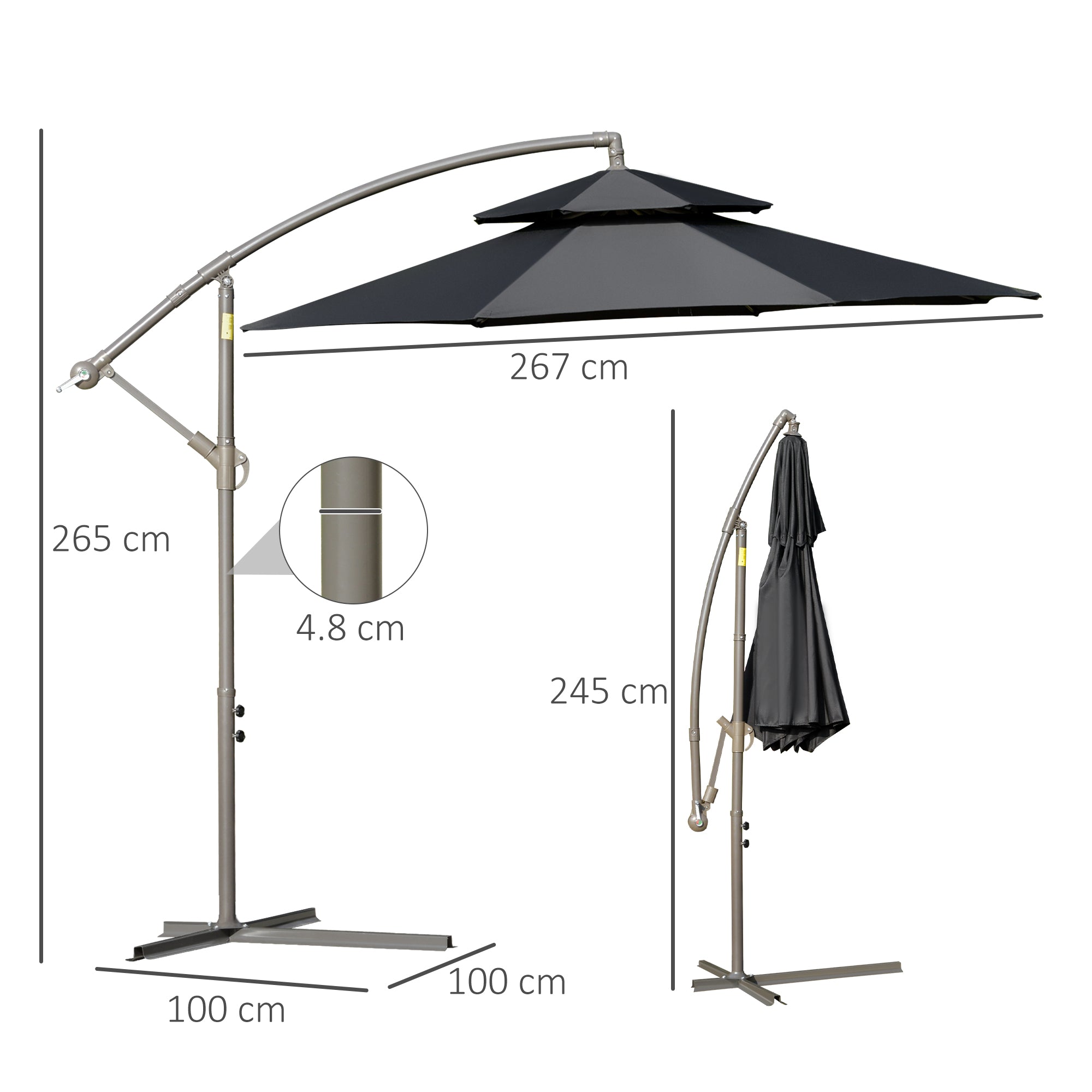 Outsunny 2.7m Banana Parasol Cantilever Umbrella with Crank Handle, Double Tier Canopy and Cross Base for Outdoor, Hanging Sun Shade, Black - North Peak Garden Furniture