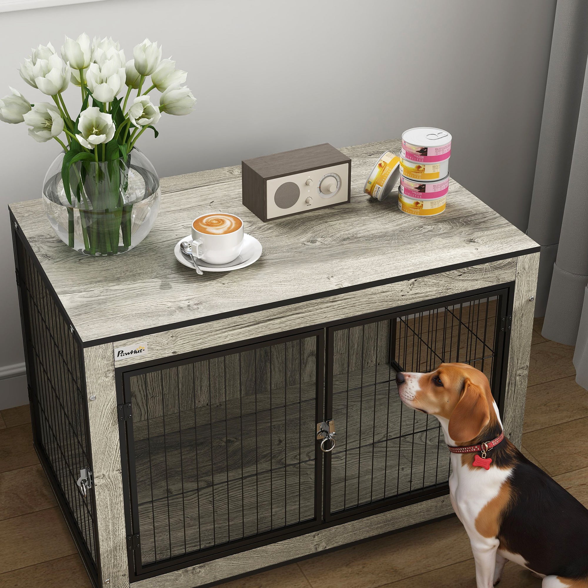 PawHut Dog Crate Furniture with Wheels, Double Doors, for Medium Dogs, 80 x 56 x 62.5cm, Grey - North Peak Garden Furniture