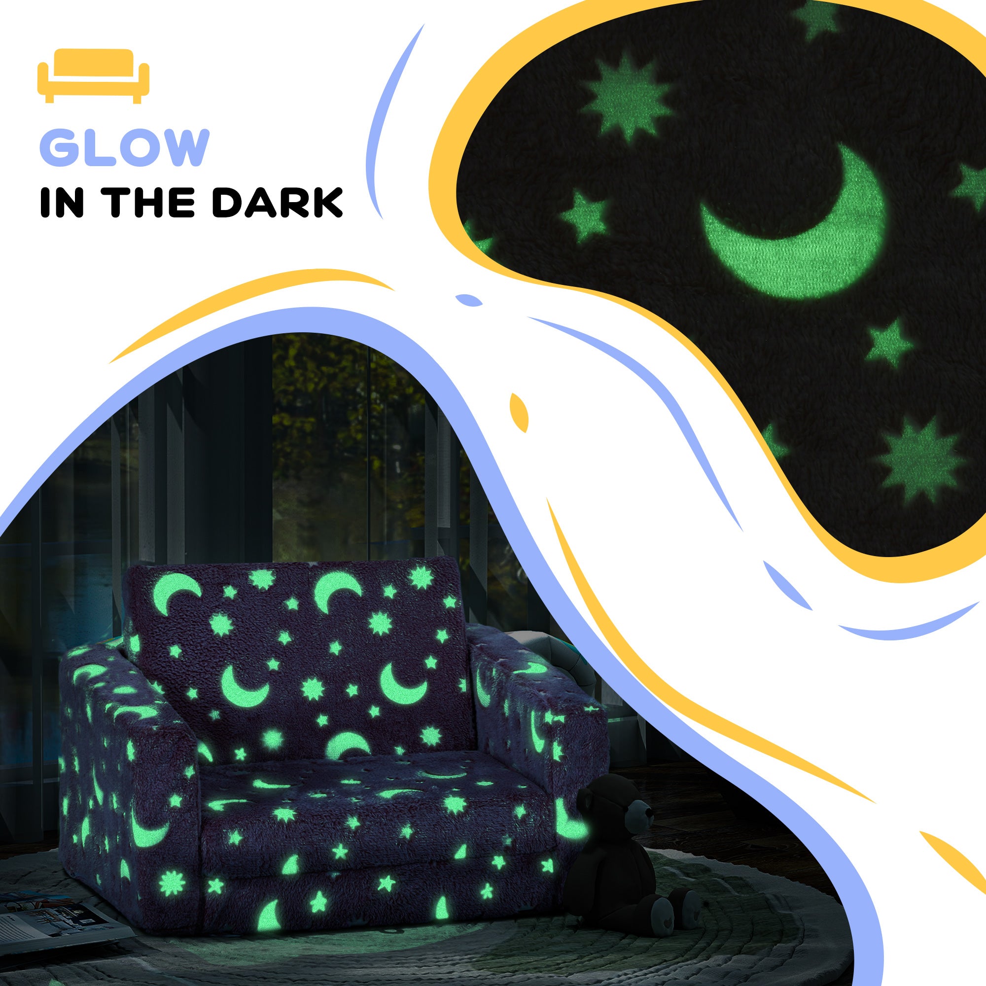 AIYAPLAY 2 in 1 Kids Kids Folding Bed Armchair with Glow in The Dark Cosmic Design, Washable Cushion and Cover, Blue - North Peak Garden Furniture
