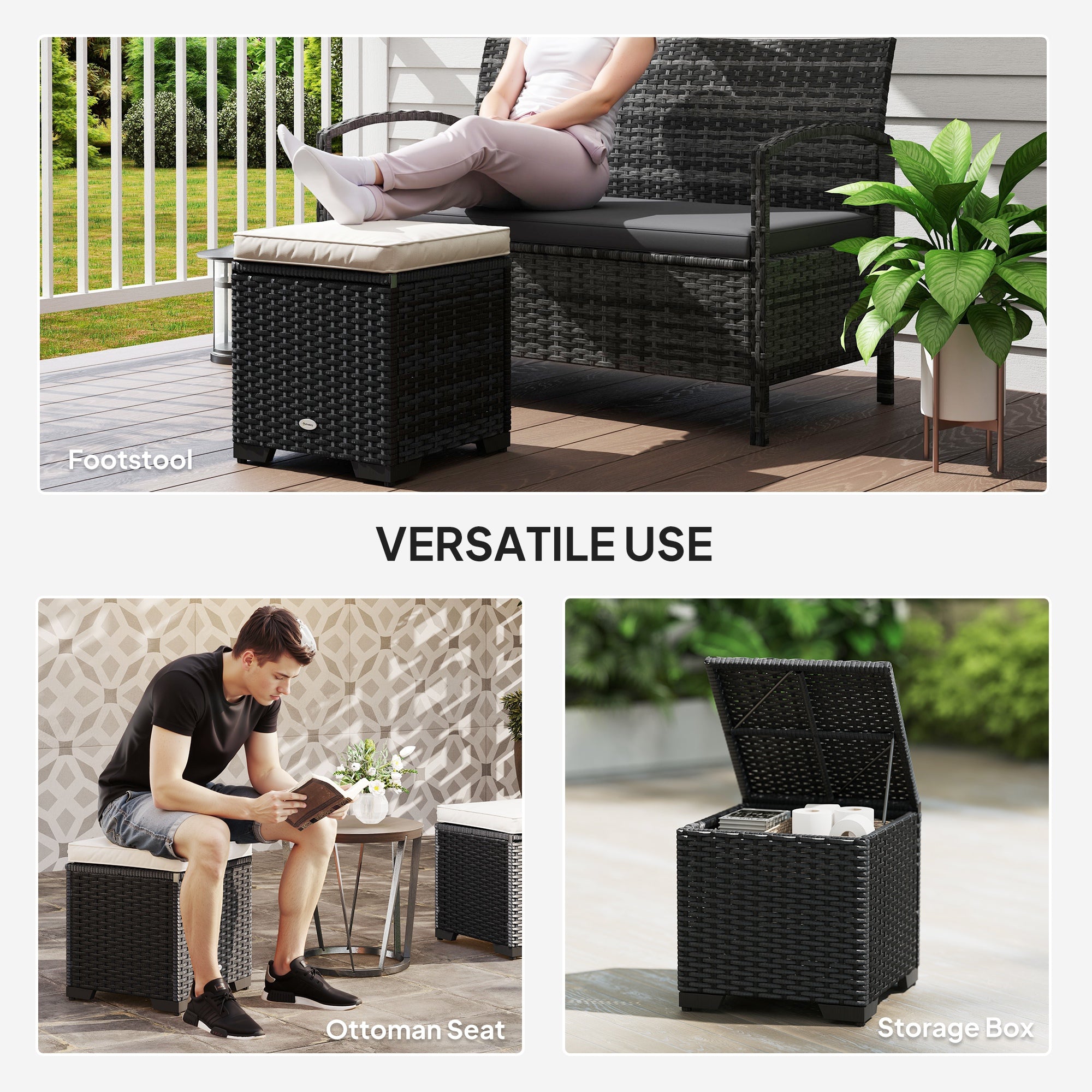 Outsunny Set of 2 Rattan Storage Ottoman, Outdoor Footstool with Removable Cushions, Garden Storage Seat for Balcony, Poolside, Living Room, Cream - North Peak Garden Furniture