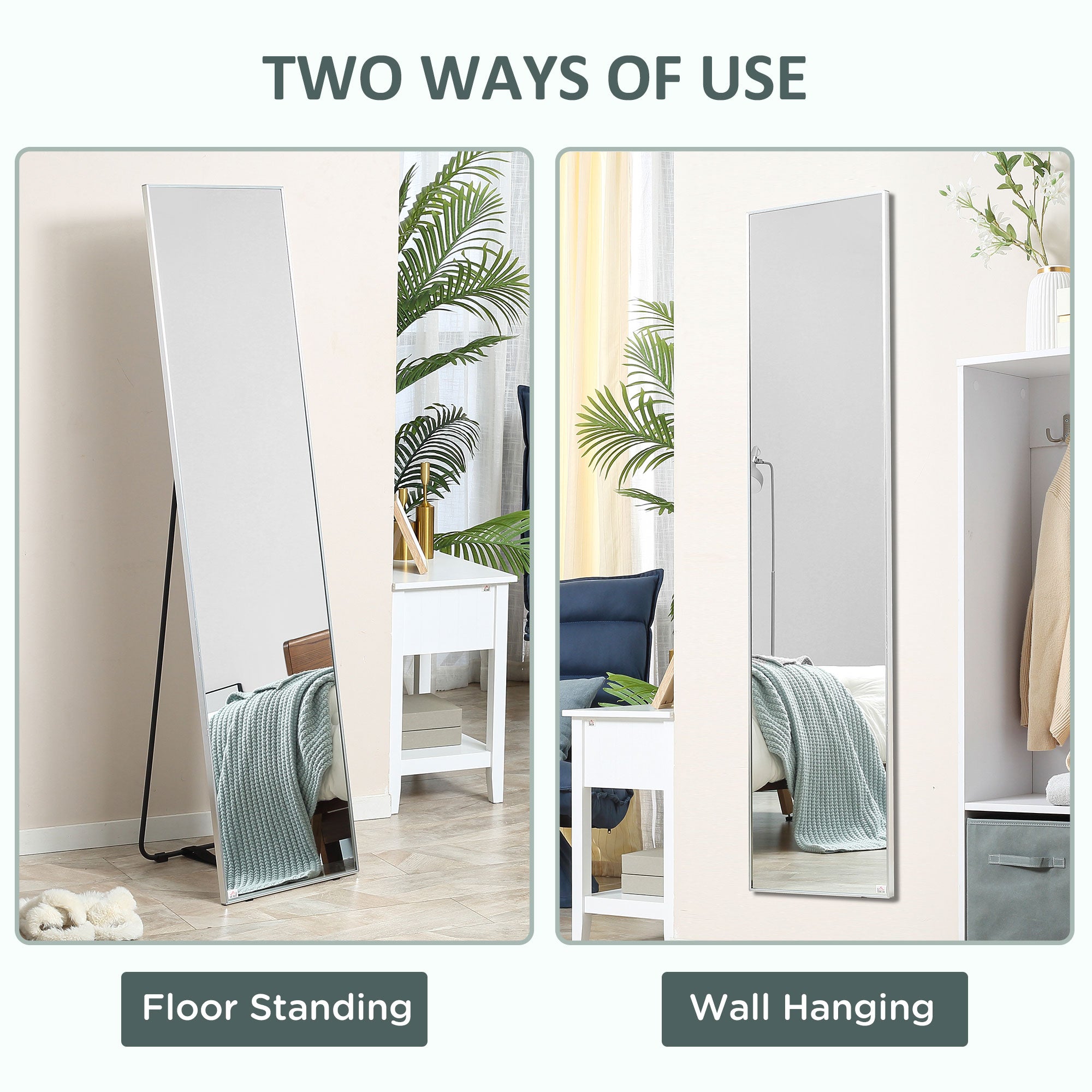 HOMCOM Full Length Mirror Wall-Mounted, 160 x 40 cm Freestanding Rectangle Dressing Mirror for Bedroom, Living Room, Black Frame - North Peak Garden Furniture